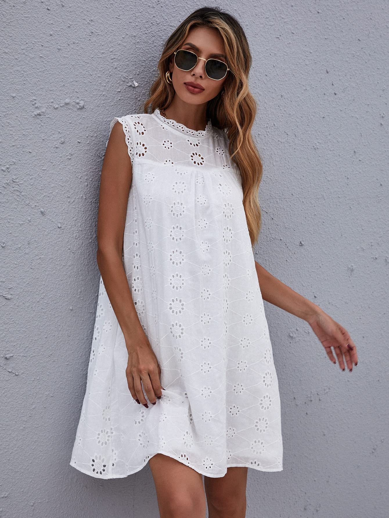 Women's Sleeveless Eyelet Embroidery Mock Neck Tunic Dress - Loose Flowy Shift Summer Dress in White (Size Large) | Perfect for Beach Vacations, Garden Parties & Casual Outings