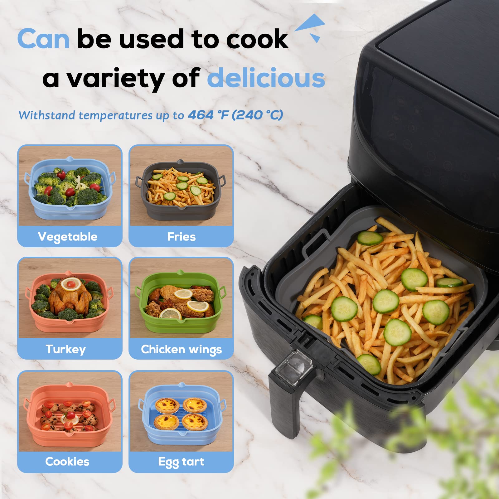 Reusable 8.5 Inch Square Silicone Air Fryer Liners & Basket - Non-Stick Baking Tray for 5.8 to 8 Qt Air Fryers & Ovens - Easy to Clean Kitchen Accessories - Perfect for Healthy Cooking, Meal Prep & Family Dinners