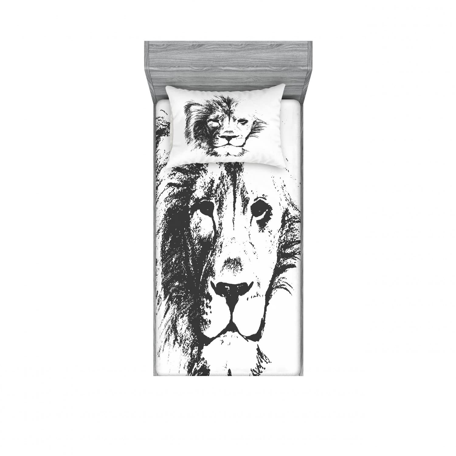 Ambesonne 2-Pack Twin Fitted Sheet & Pillow Sham Set - Sketchy Jungle Lion Design, 4-Piece Grey & White Bedding Decor for Kids & Teens | Perfect for Dorm Rooms, Guest Beds & Themed Bedrooms
