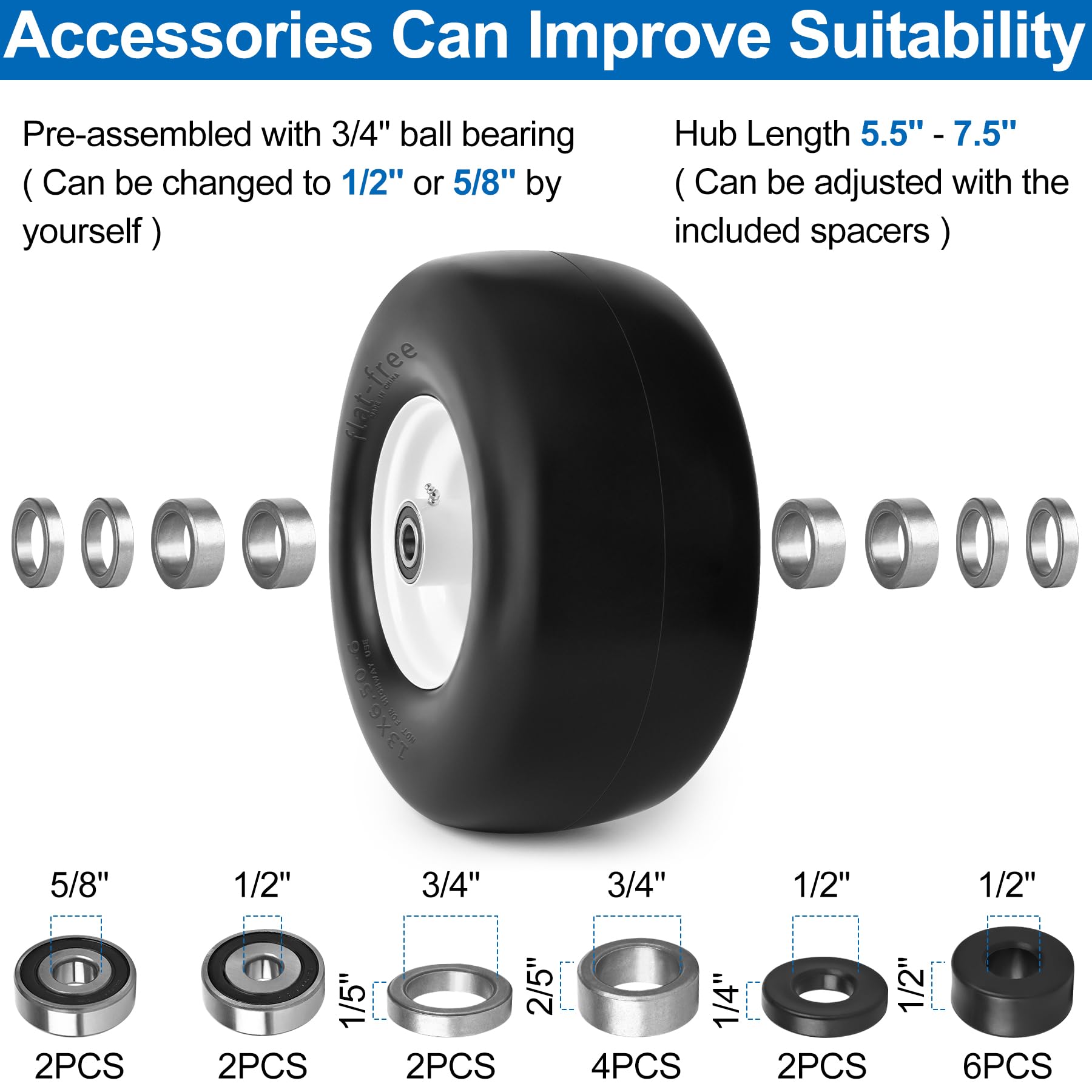 13x6.50-6 Flat Free Lawn Mower Tires & Wheels with 3/4