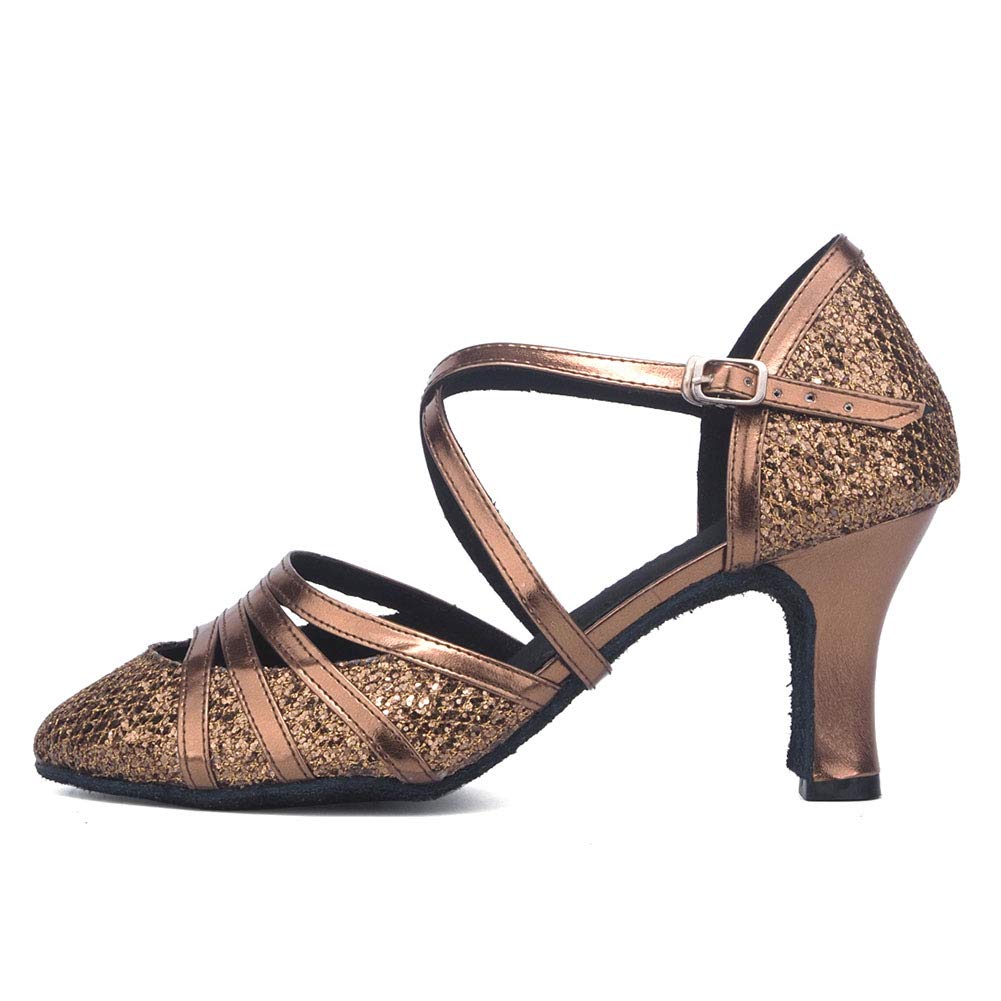 Women's Glitter Latin Salsa Tango Dance Shoes - Cross Strap Closed Toe Ballroom Party Shoes for Professional Performances & Social Dancing (Style 512)