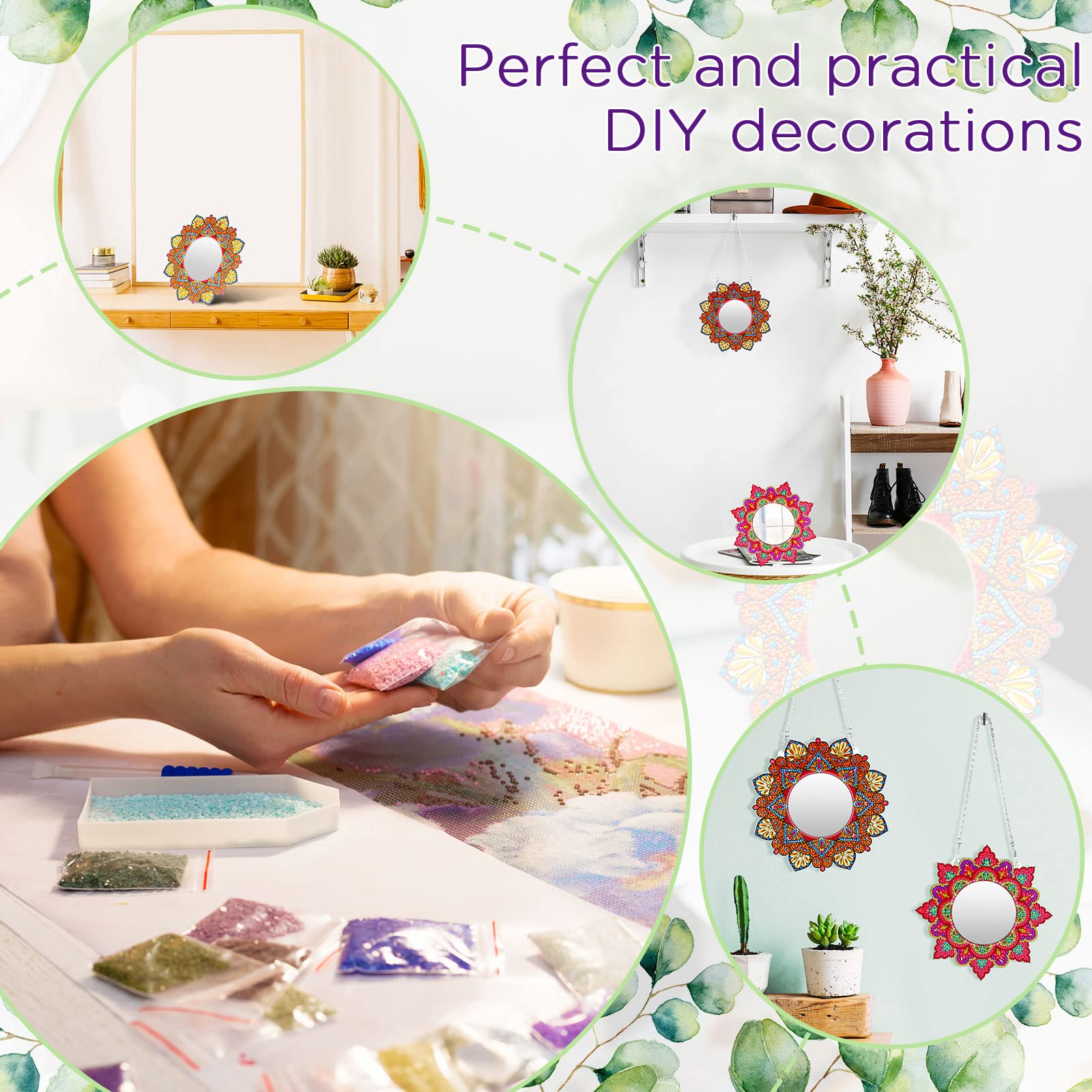 2 Pack DIY 5D Diamond Painting Mirror Kit - Mandala Crystal Rhinestone Makeup Mirror for Adults, Beginners, Home Decor | Perfect for Arts & Crafts, Birthday Gifts, Bathroom Vanity & Bedroom Decor