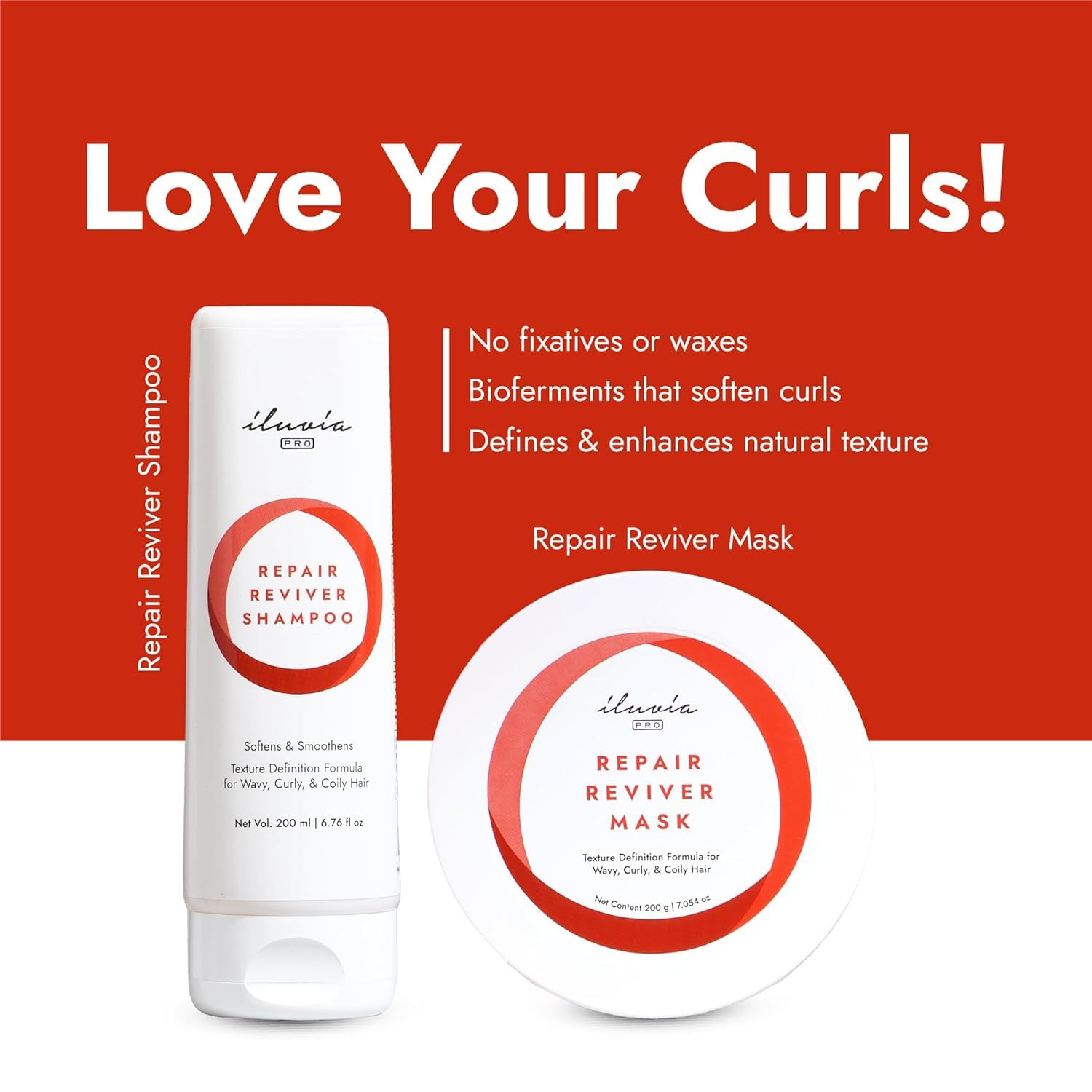 Ilu'via Curly & Wavy Hair Repair Reviver Shampoo & Conditioner Set - 14.3 fl oz | Sulfate-Free & Hydrating for Damaged Hair | Perfect for Daily Use & Salon-Quality Results