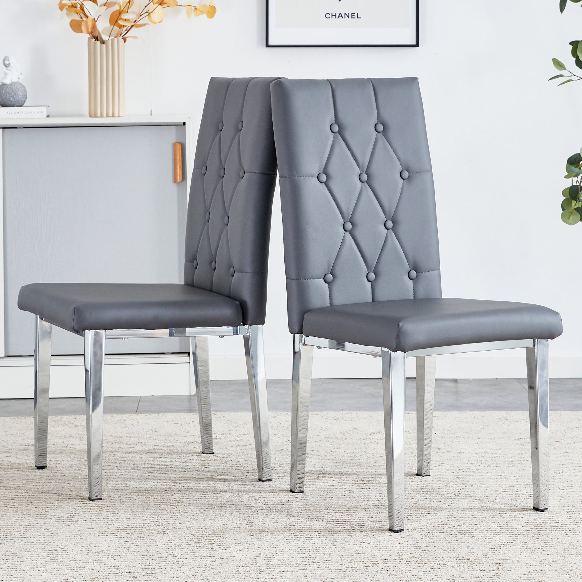 2-Piece Gray Armless Dining Chair Set - Elegant & Mysterious Deep Gray Tone with Vintage Grid & Buckle Back Design - Perfect for Modern Dining Rooms, Kitchens, and Small Spaces