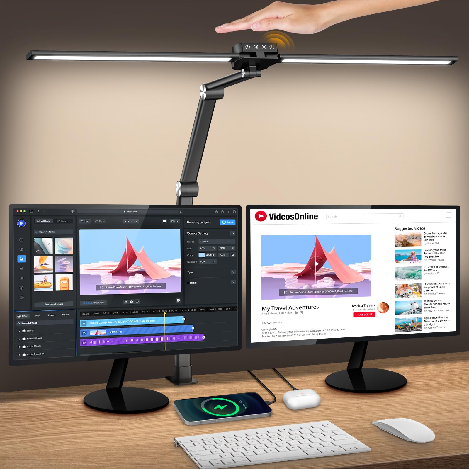 Syrinx LED Desk Lamp with Clamp - 24W Adjustable Double Head Architect Lamp with Gesture Sensor & Touch Control, 25 Light Modes for Eye Care - Perfect for Home Office, Study, Reading & Workspace Lighting