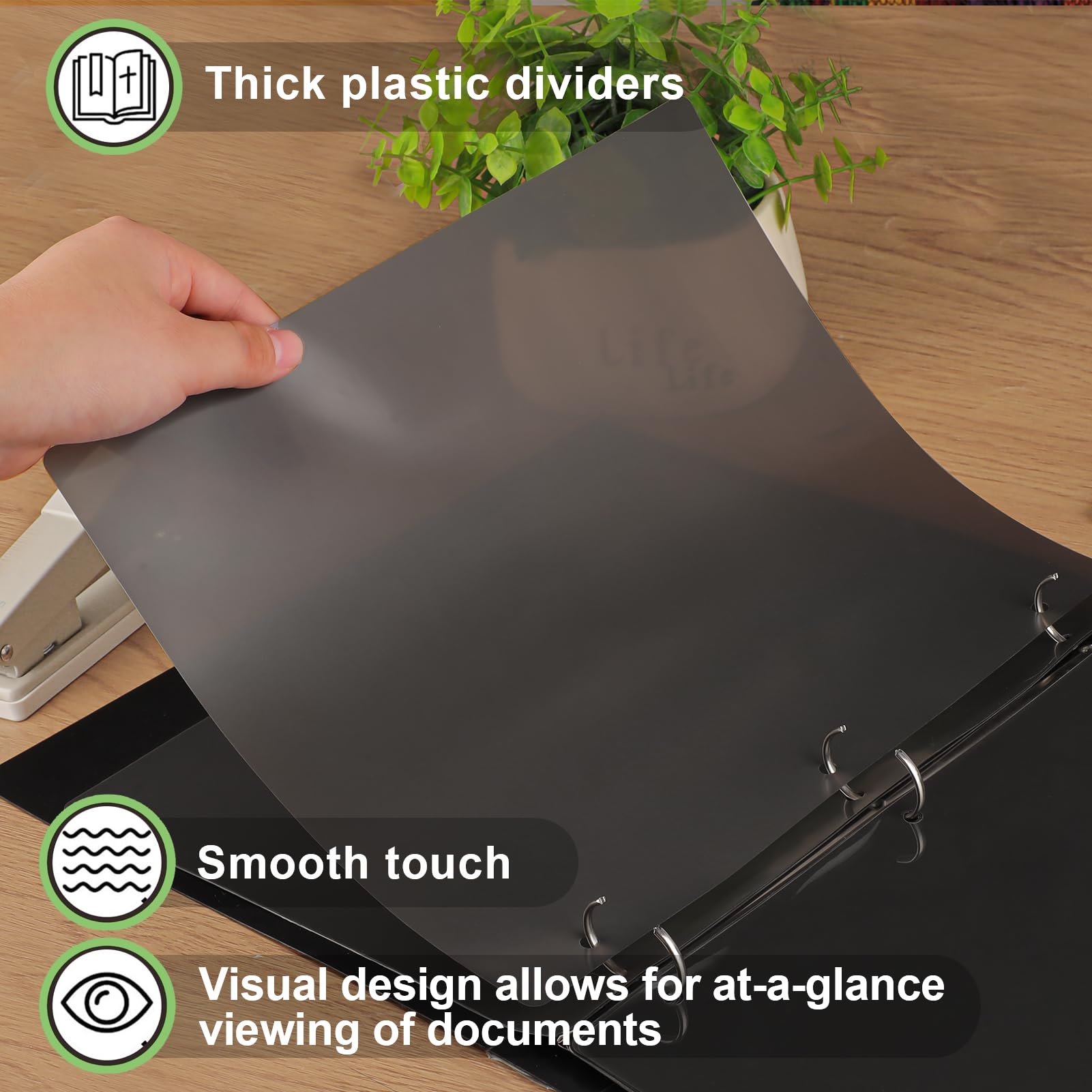 HABGP 5-Tab 3 Ring Binder Dividers - 2 Pack (10 Dividers Total) - Letter Size Black Plastic Index Binders with Write & Erase Surface - 1/5 Cut, Includes Sheet Protectors & 3 Hole Punch - Perfect for School, Office Organization & Document Filing