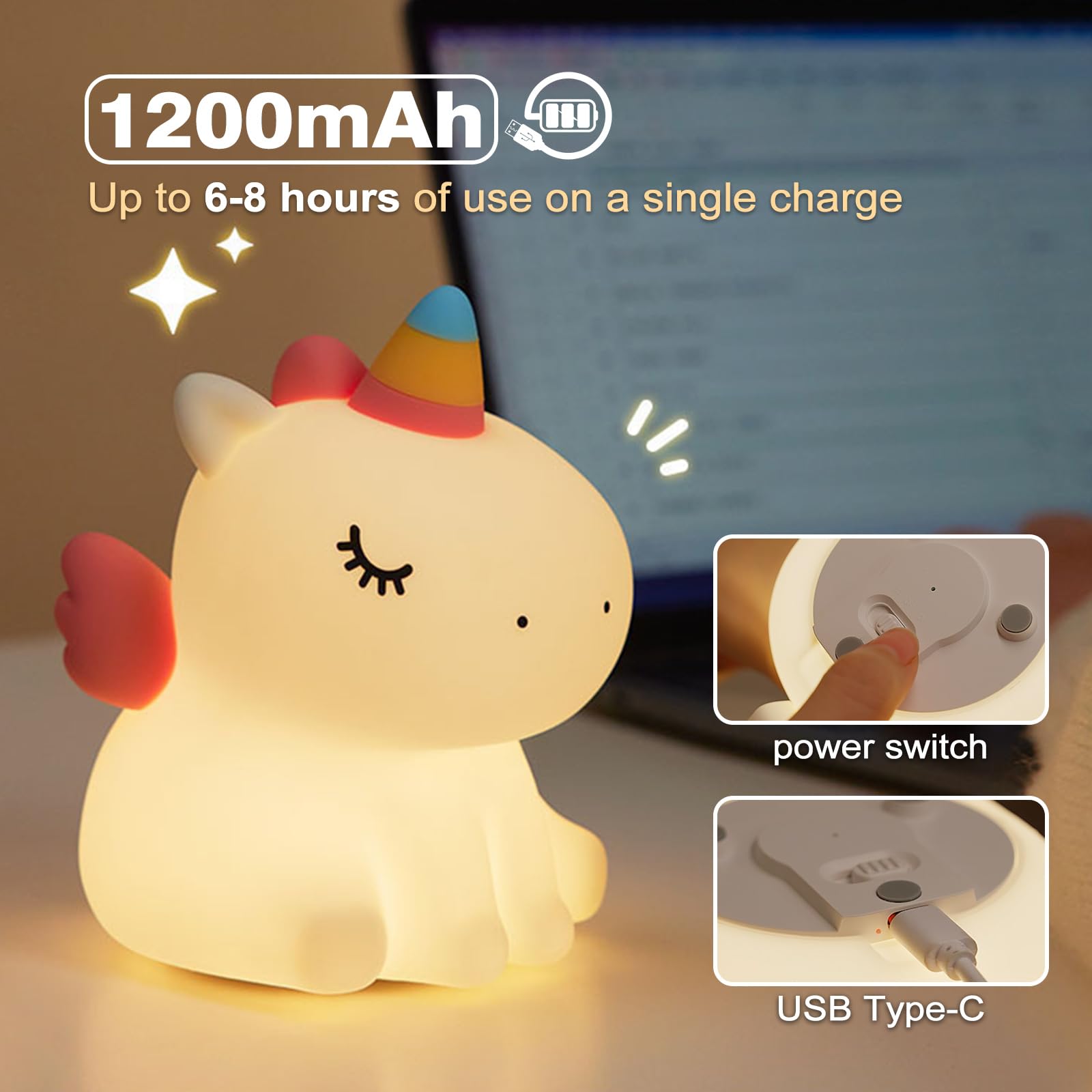 VTIGER Unicorn Night Light - LED Squishy Cute Lamp for Girls Room, Dimmable Rechargeable Touch Nightlight for Kids & Baby Bedroom Decor | Perfect as Unicorn Gifts for Birthday, Christmas & Nursery Lighting
