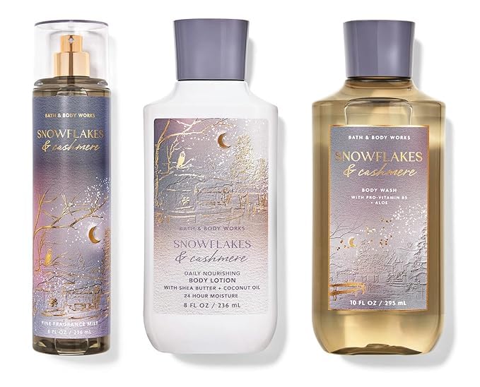 Snowflakes & Cashmere Gift Set - Fine Fragrance Mist, Body Wash & Nourishing Lotion for Women | Winter Holiday Gift, Birthday Present & Self-Care Luxury Set