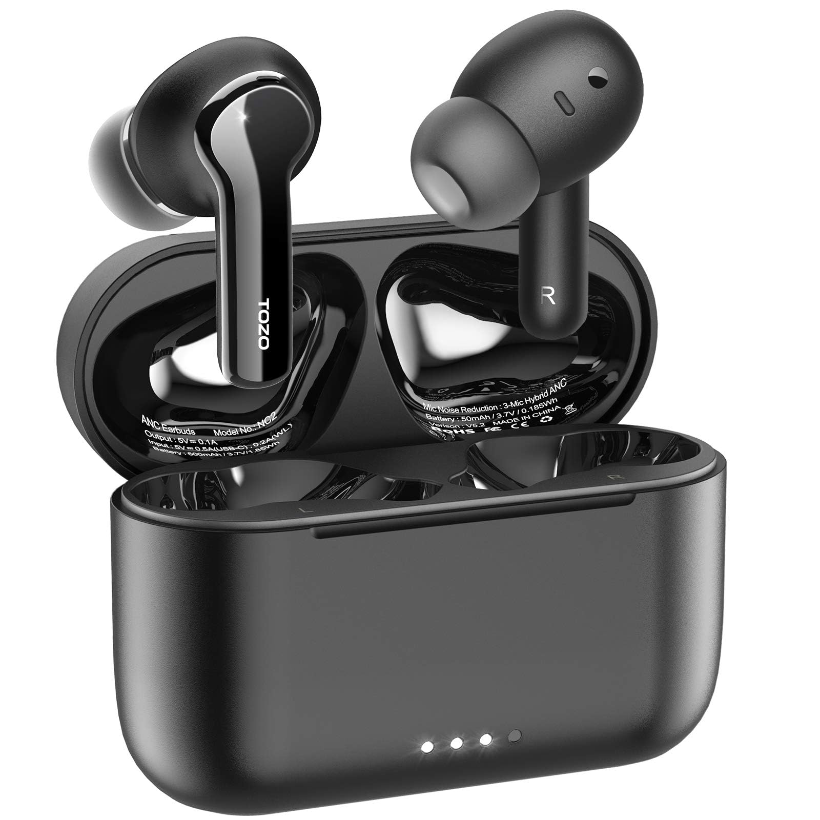 TOZO NC2 Hybrid Active Noise Cancelling Wireless Earbuds - Bluetooth 5.3 IPX6 Waterproof Headphones with Deep Bass & In-Ear Detection | Perfect for Gym, Running, Travel & Work (Matte Black)