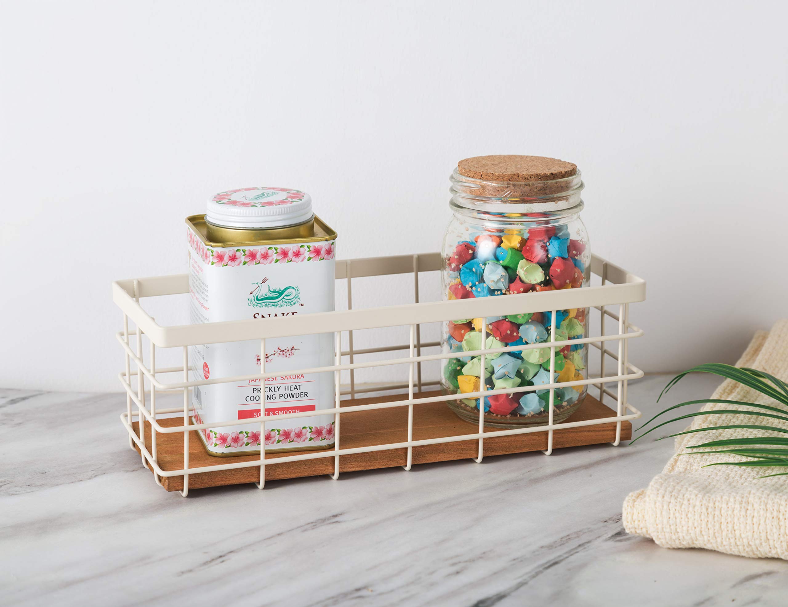 TIEYIPIN Small Metal Wire Storage Basket with Detachable Wood Base - Organizer Bin for Kitchen, Bathroom, Pantry, Garage & Laundry Room - Cream White | Perfect for Organizing Spices, Toiletries, Cleaning Supplies & More