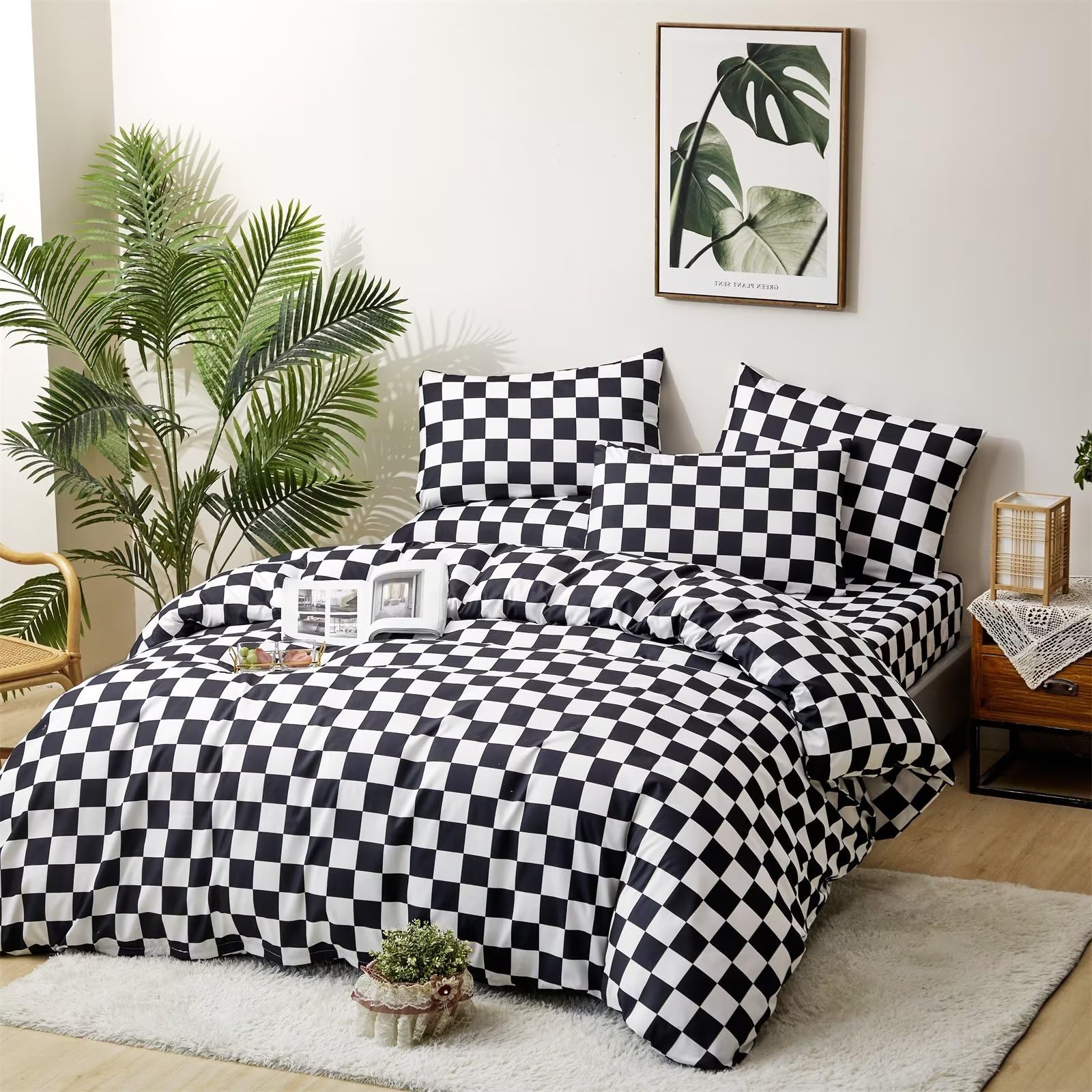 Houseri Plaid Comforter Set - Full Size Buffalo Check Bedding for Teen Boys, Black & White Checkered Comforter & Blanket Quilt - Perfect for Dorm Room, Bedroom & Cozy Winter Nights