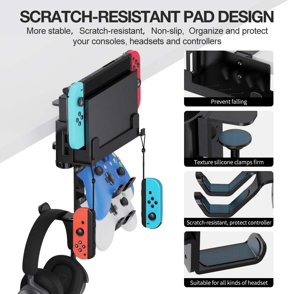 4 in 1 Under Desk Clamp Mount for Nintendo Switch/OLED - 360° Rotatable Headphone Hanger & Controller Holder - Compatible with PS4, PS5, Xbox, PC - Perfect for Gaming Setup & Workspace Organization