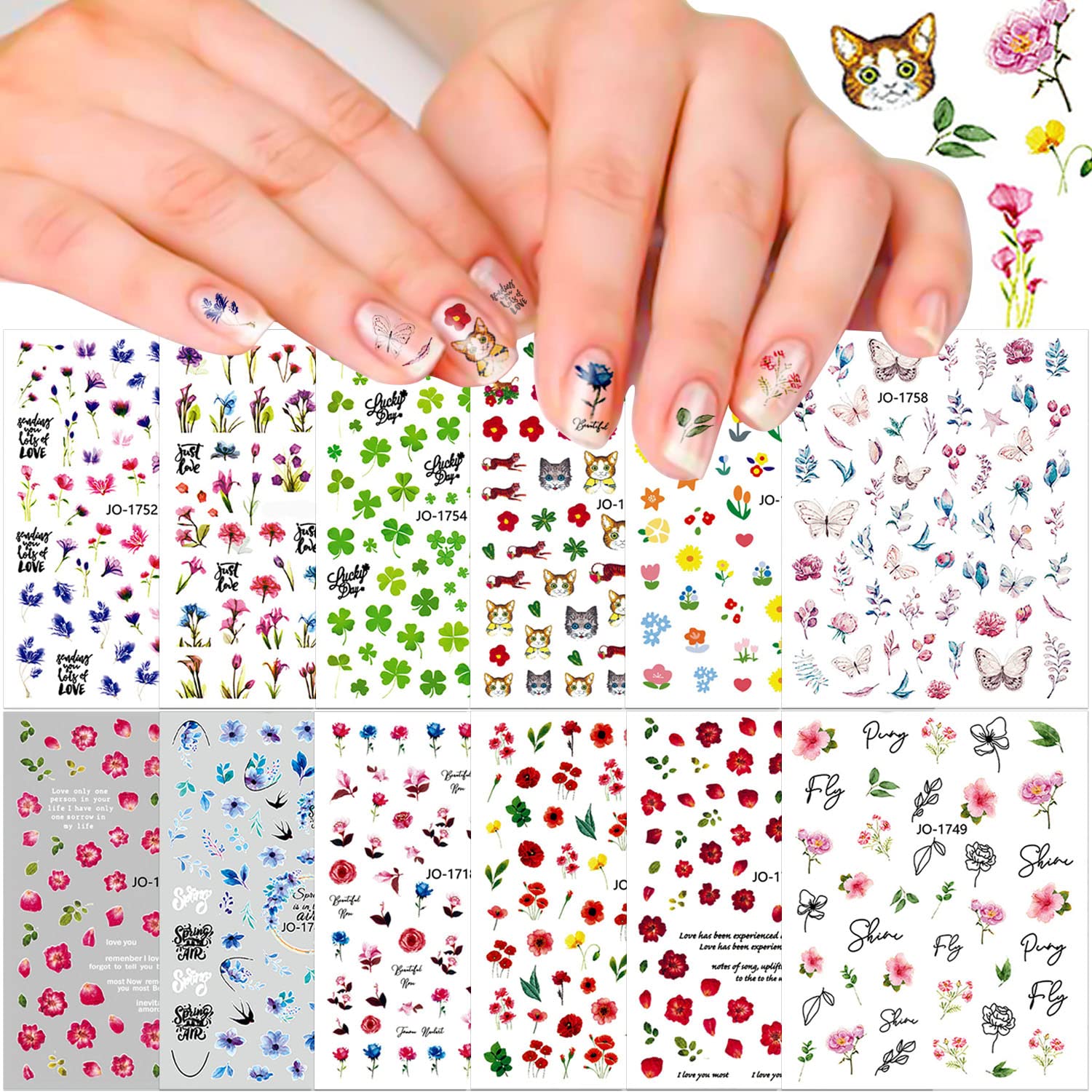 DANNEASY 12 Sheets 3D Flower Nail Stickers - Self Adhesive Leaf Nail Art Decals for Women & Girls, DIY Nail Design Accessories for Parties, Weddings, and Special Occasions