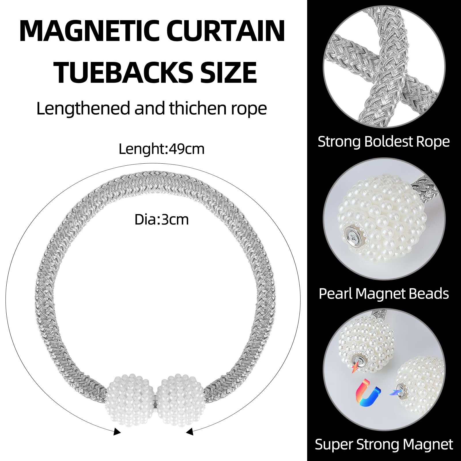 8 Pack Magnetic Curtain Tie Backs with Pearls - Elegant Modern Curtain Holdbacks for Drapes, Sheer & Blackout Curtains - Perfect for Home, Office, Kindergarten Decor (Indoor/Outdoor Use)