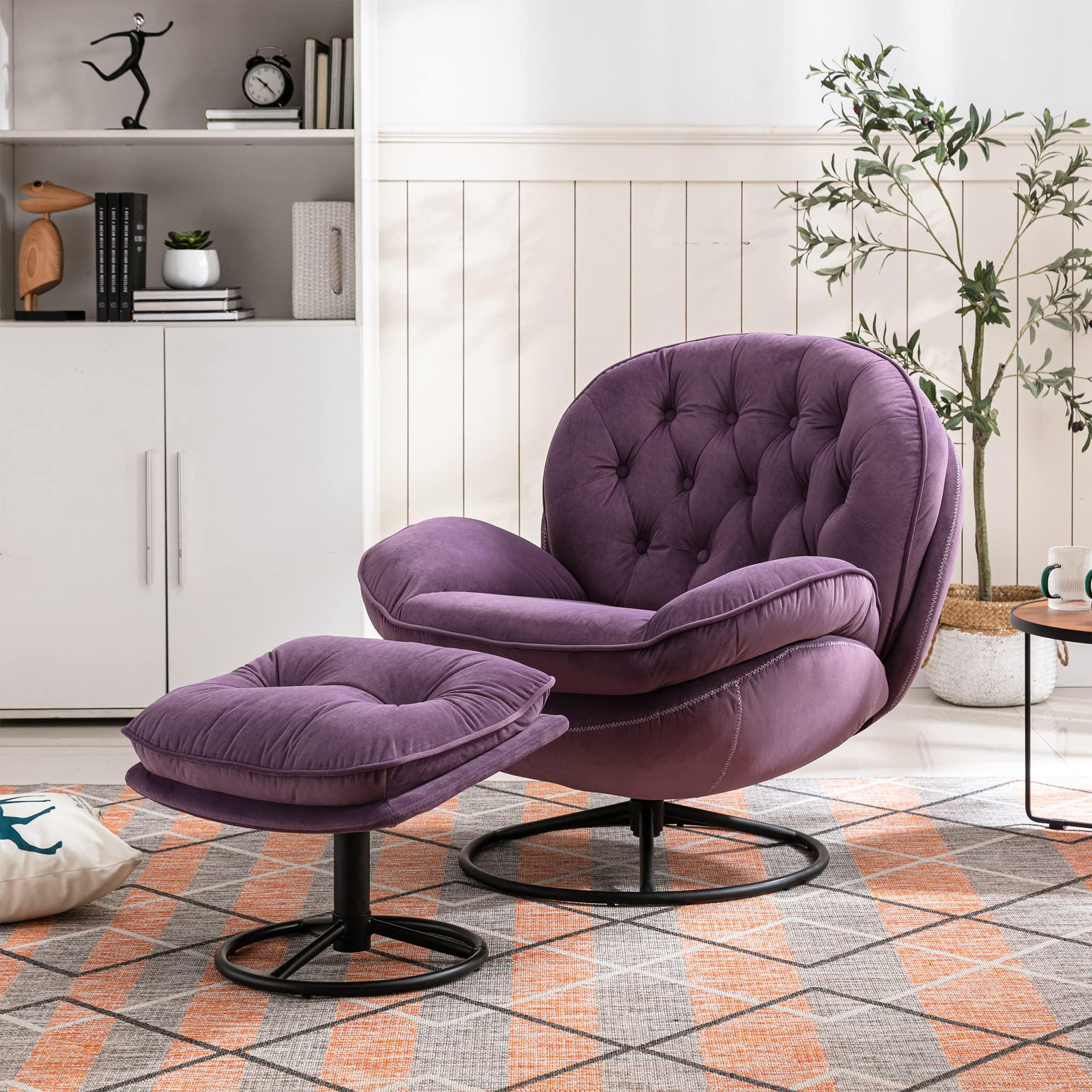 Polibi Swivel Accent Armchair with Ottoman - Modern Velvet Upholstered Lounge Chair with Sturdy Metal Frame for Living Room, Bedroom & Office - Purple Comfort Chair for Reading, TV Watching & Relaxing