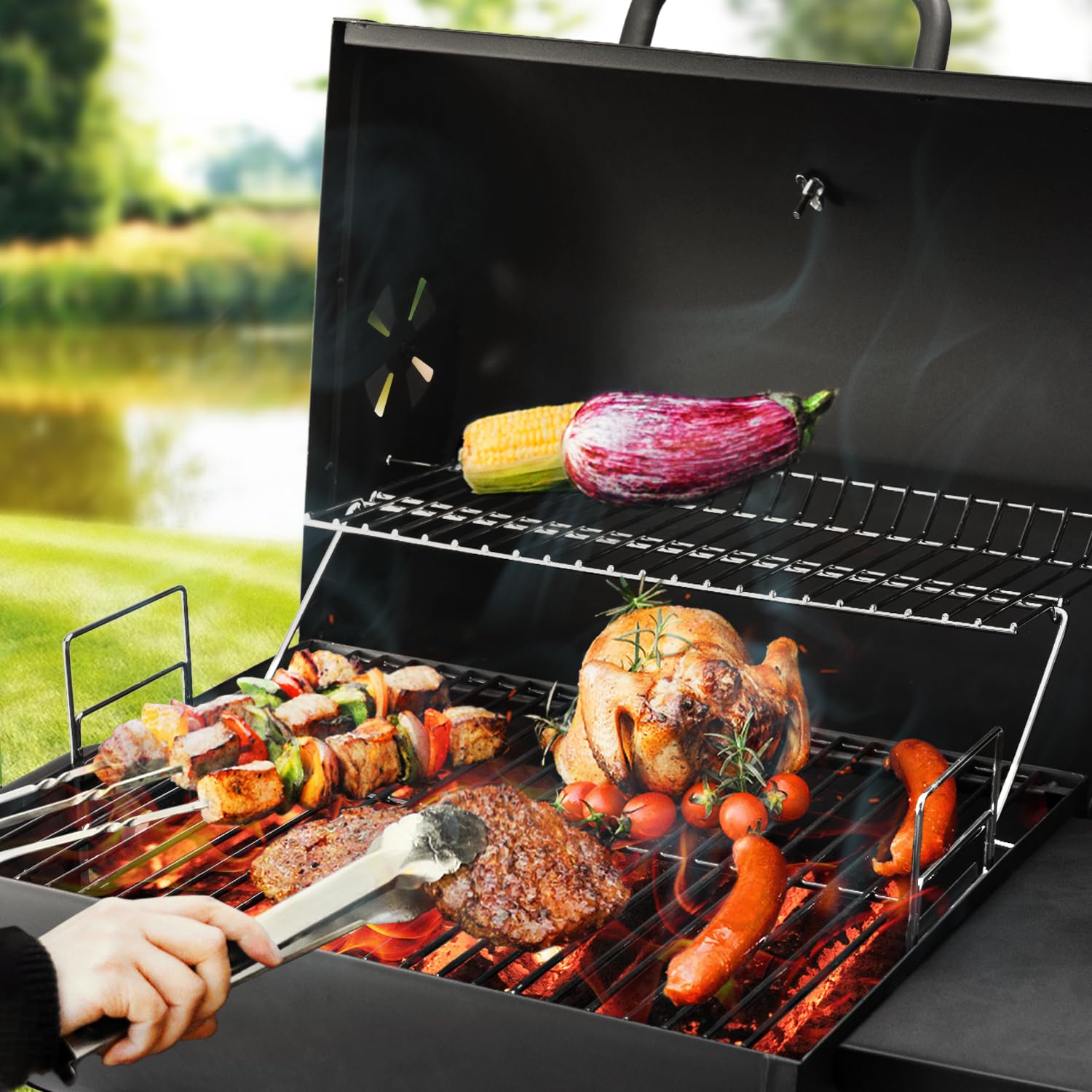 Premium Black Charcoal Grill for Outdoor BBQ - 500 Sq.In Cooking Grid with Side Table | Perfect for Backyard, Camping, Picnics, Patio Parties & Tailgating | Durable Barrel Design by DNKMOR