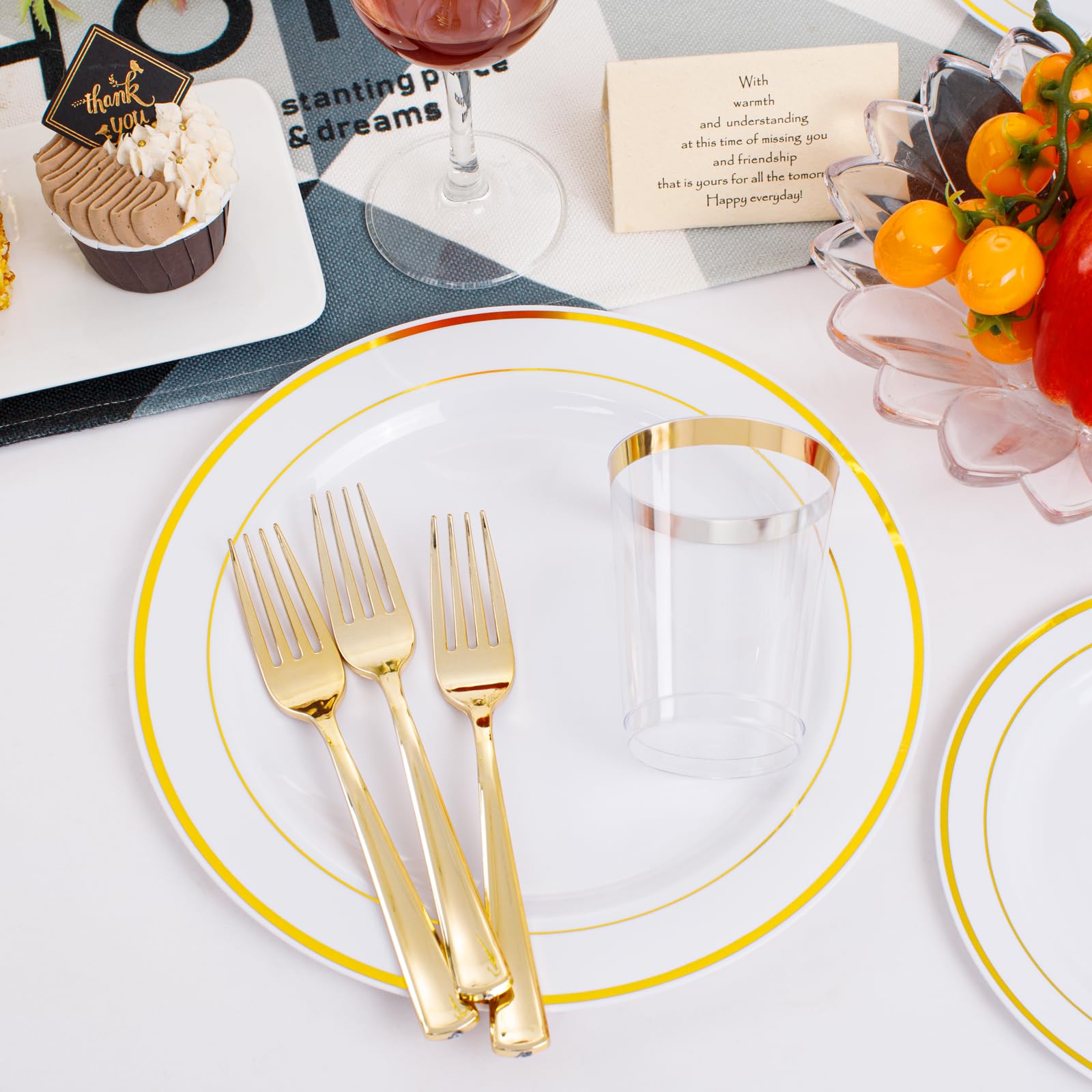 350-Piece White and Gold Plastic Dinnerware Set - Includes 100 Plates, 50 Gold Plastic Silverware, 50 Paper Napkins & 50 Cups - Perfect for Weddings, Parties, and Events - Elegant Disposable Tableware for Easy Cleanup