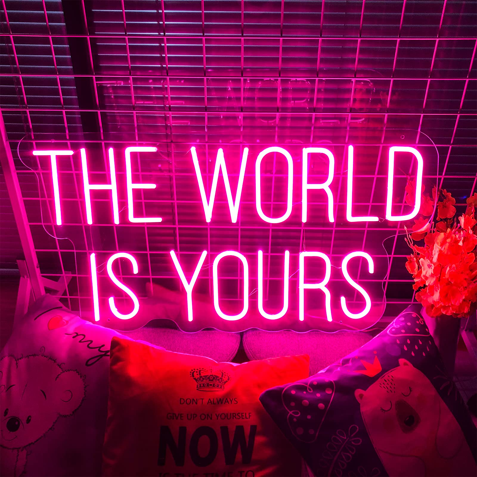 The World Is Yours LED Neon Sign - 25.9×13.4 Inch Pink Acrylic Light Up Wall Decor for Bedroom, Living Room, Office, Bar | Perfect for Christmas, Parties, Weddings & Gifts