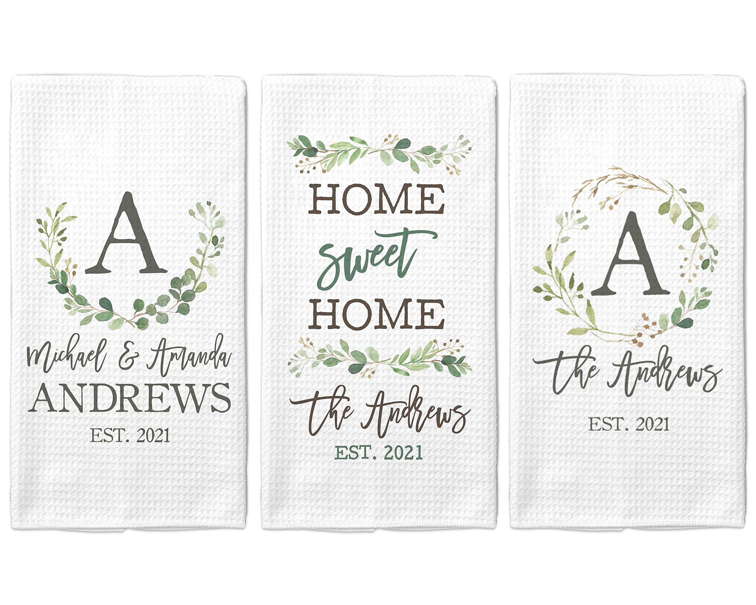 Personalized Waffle Weave Kitchen Towel Set of 3 - Custom Couple Towels for Wedding, Engagement & Housewarming Gifts - Soft Absorbent Dish Towels for Newlyweds, Bridal Showers & Home Decor