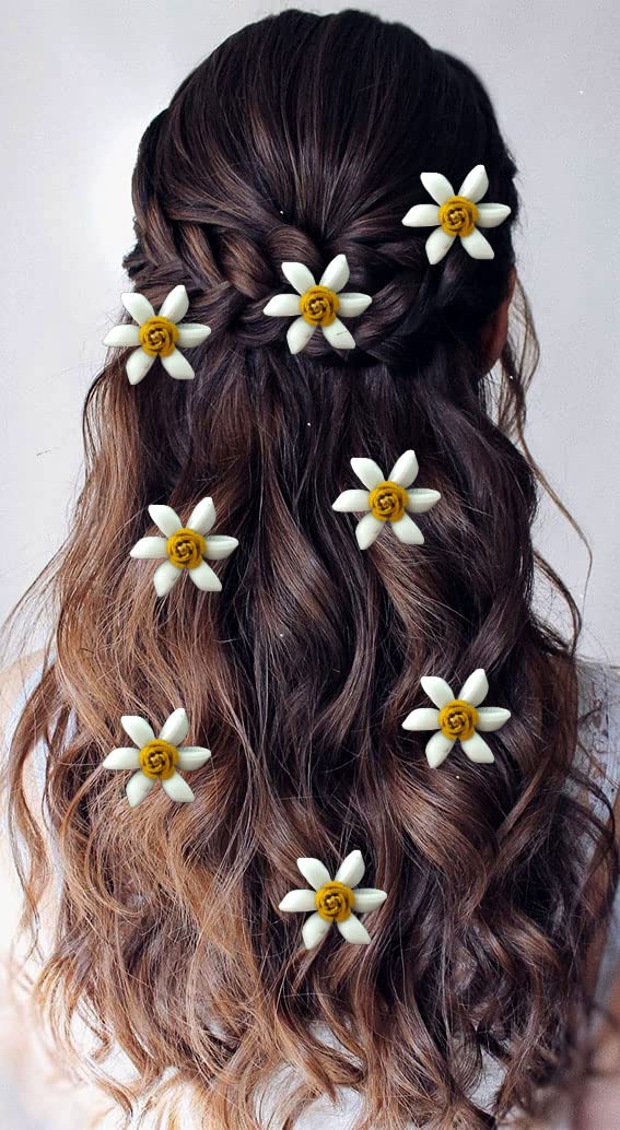 Elegant Artificial Jasmine Flower Hair Pin with Pearls - Bridal Hair Accessories for Weddings, Prom & Special Events - Yellow Floral Bun Pins (Pack of 8)