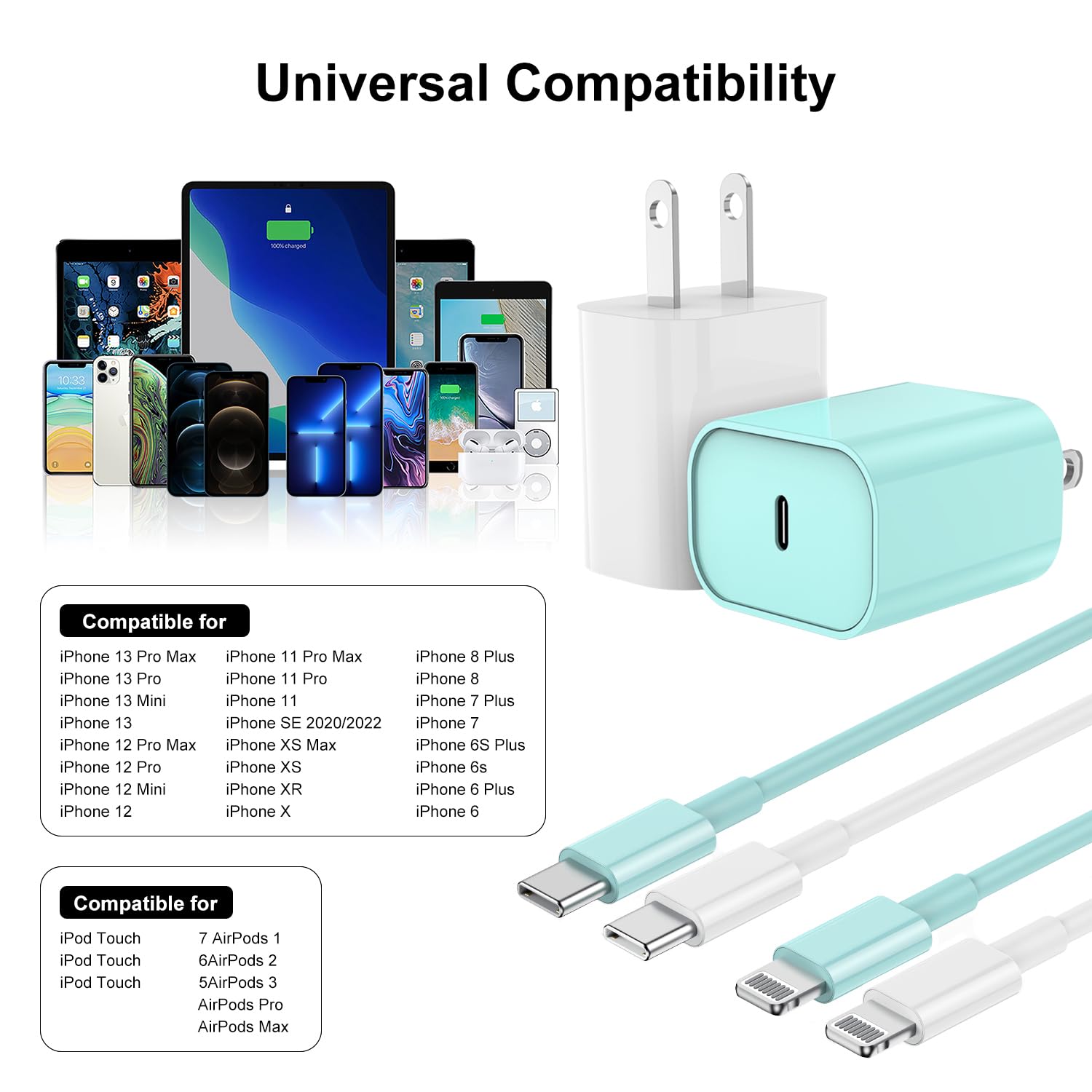 Fast Charging USB C to Lightning Cable (6FT+10FT) - 20W USB C Charger Block & Long iPhone Charger for iPhone 14/13/12 Pro Max - Perfect for Home, Office & Travel (White+Green)