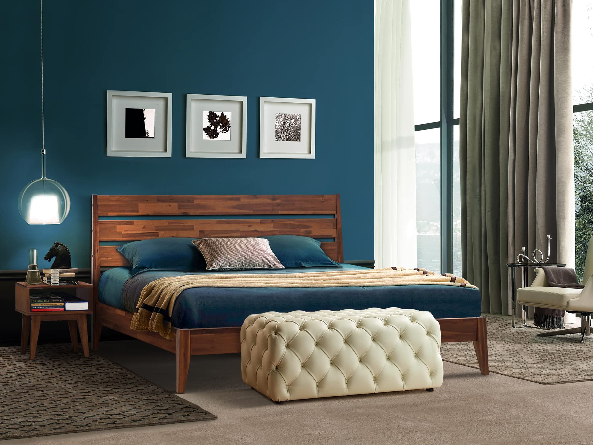 Solid Wood Acacia King Size Bed Frame with High Headboard & Nightstand - 2-Piece Bedroom Set, No Squeak Construction, Easy Assembly in One Box (Walnut Finish) - Perfect for Master Bedrooms, Guest Rooms & Small Spaces