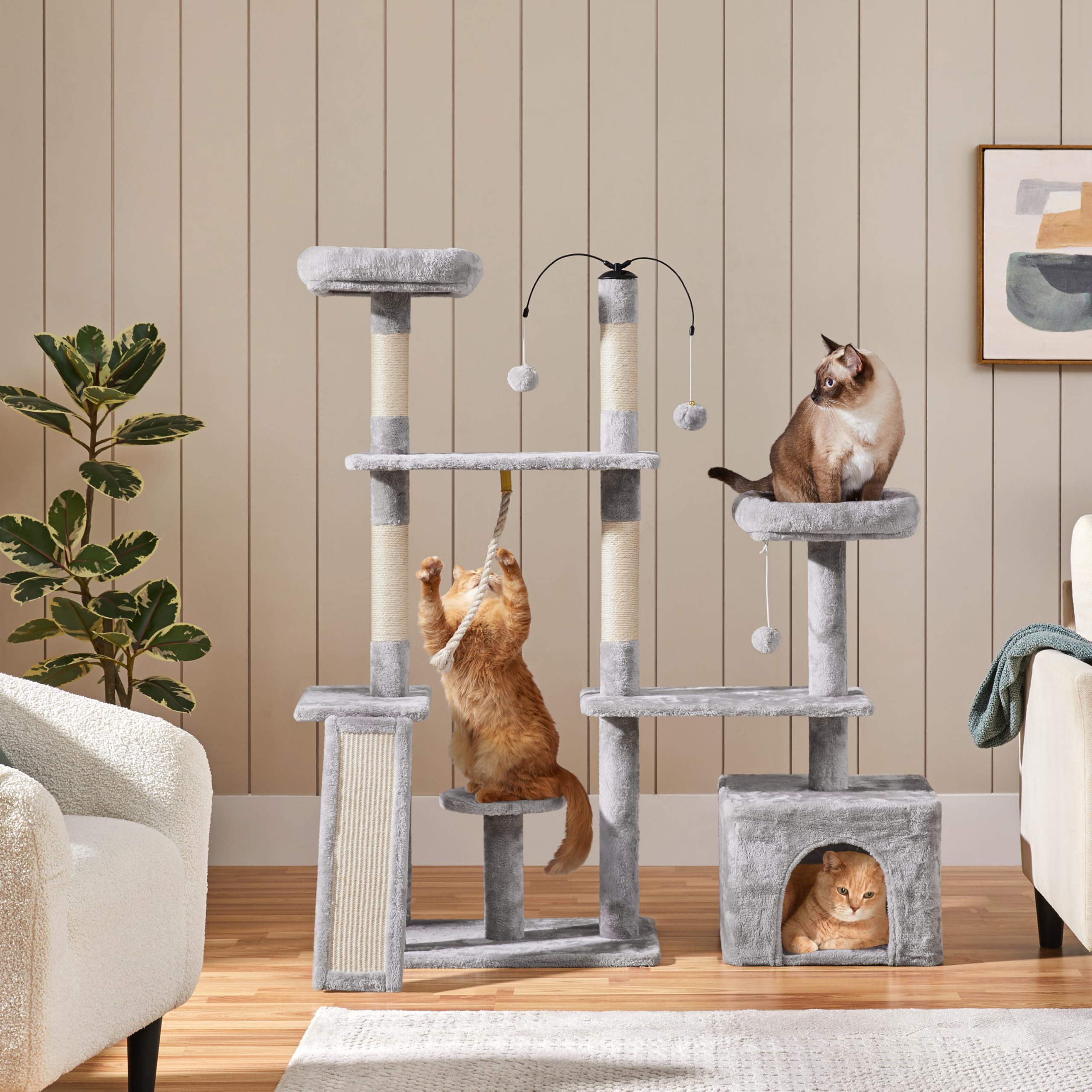 Yaheetech 53.5in Rotatable Cat Tree Tower for Indoor Cats - Multi-Level Climbing House with Scratching Posts, Cat Furniture Play Center in Light Gray - Perfect for Small Spaces & Playful Kittens