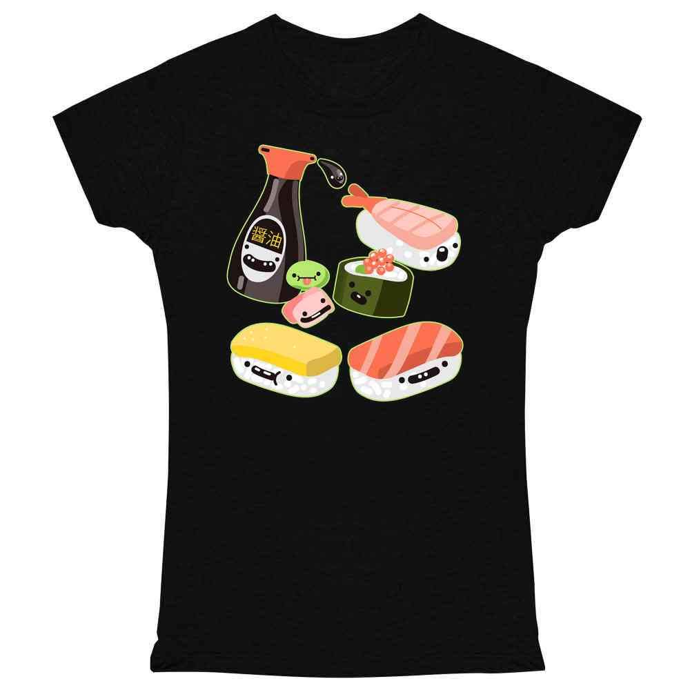 Pop Threads Sushi Kawaii Cute Funny Food Cartoon T-Shirt for Women | Trendy Graphic Tee for Casual Wear, Anime Lovers & Sushi Fans