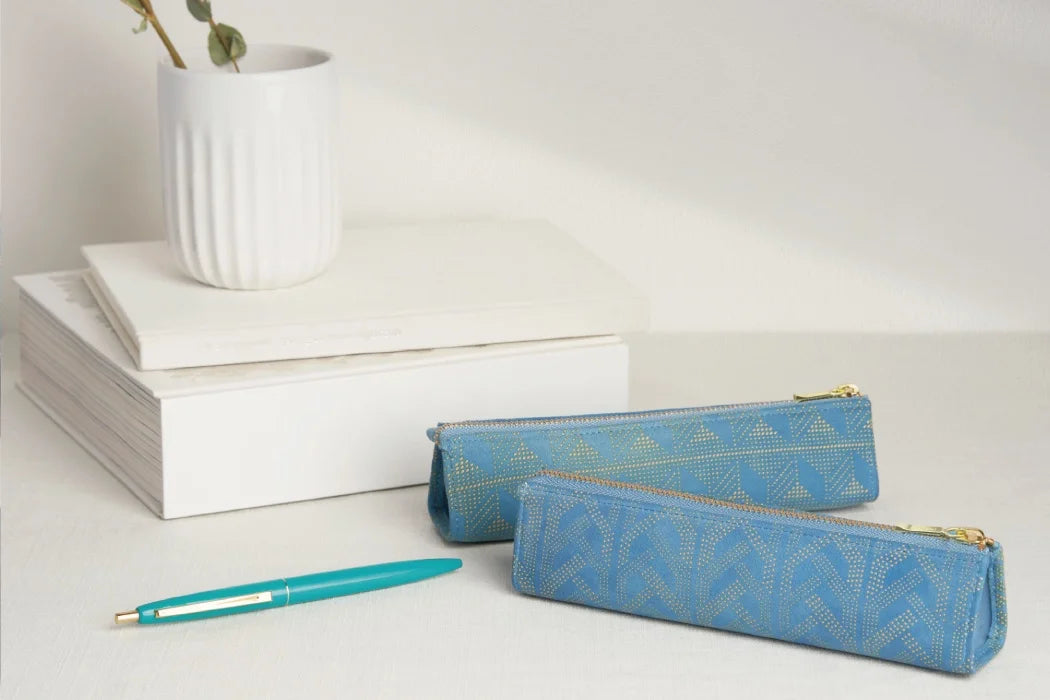 Premium Japanese Koshu Inden Deerskin Leather Pencil Case - Handcrafted Antler & Light Blue Design - Authentic Traditional Craft from Japan - Perfect for School, Office & Gift Giving