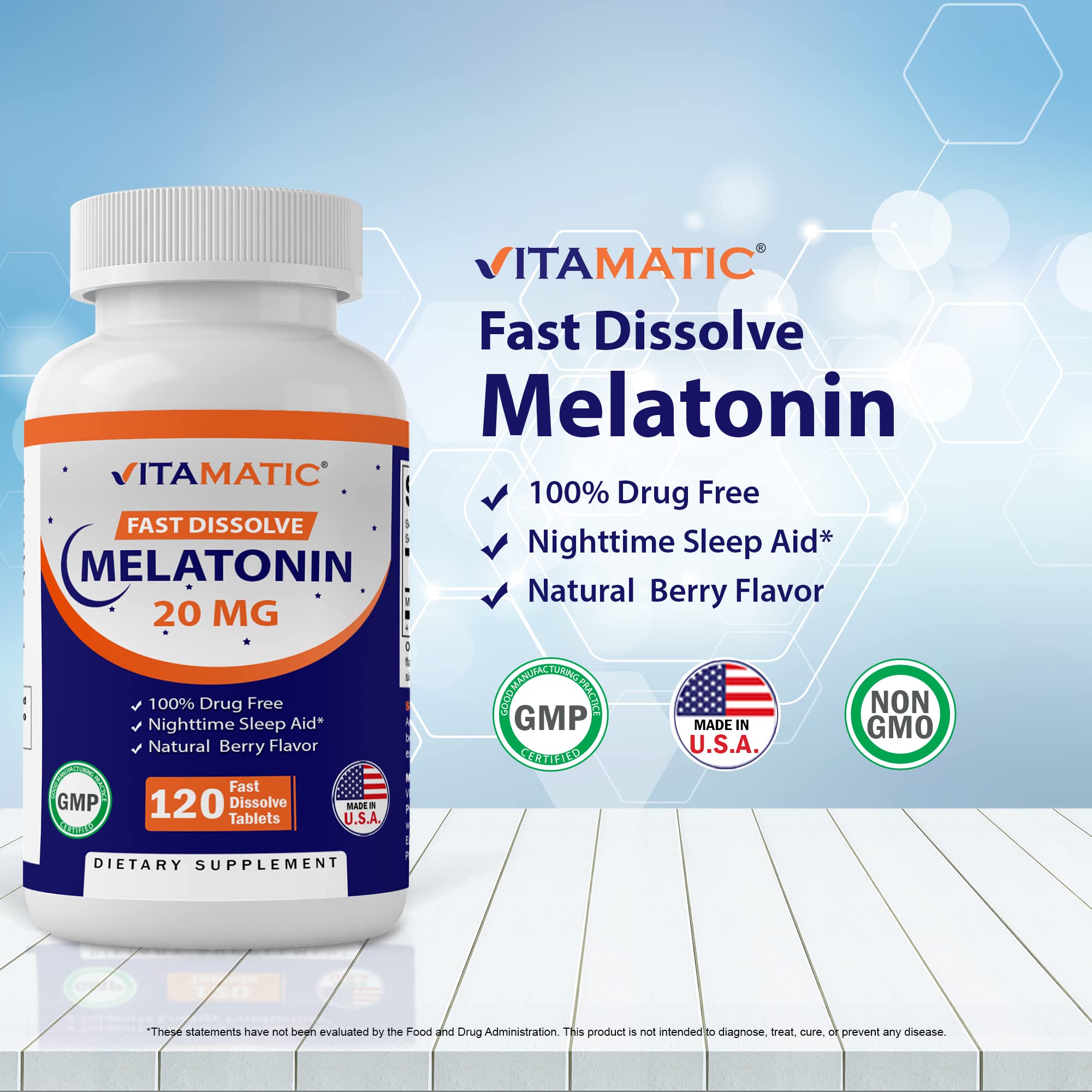 Vitamatic Melatonin 20 mg Tablets - Vegetarian, Non-GMO, Gluten Free Sleep Aid | High Potency 20 MG with Natural Berry Flavor | 120 Count (12 Pack) for Wholesale | Supports Restful Sleep, Jet Lag Relief & Night Shift Workers