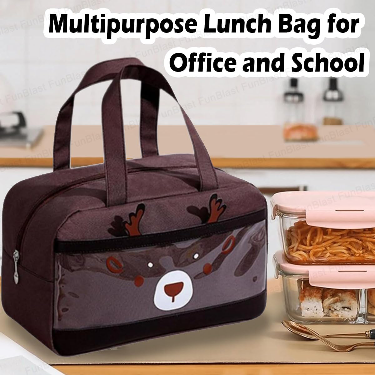 FunBlast Insulated Lunch Bag – Reusable & Leak-Proof Rectangle Lunch Box for Office, School, Picnics & Travel | Thermal Tiffin Carrier for Men & Women | Perfect for Meal Prep, Work Commutes & Outdoor Adventures (Brown)