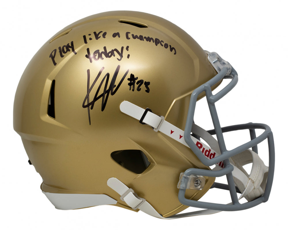 Authentic Kyren Williams Autographed Notre Dame Fighting Irish Riddell Speed Helmet - Play Like A Champion Today Inscription - Perfect for Football Collectors, Sports Memorabilia Displays & Game Room Decor