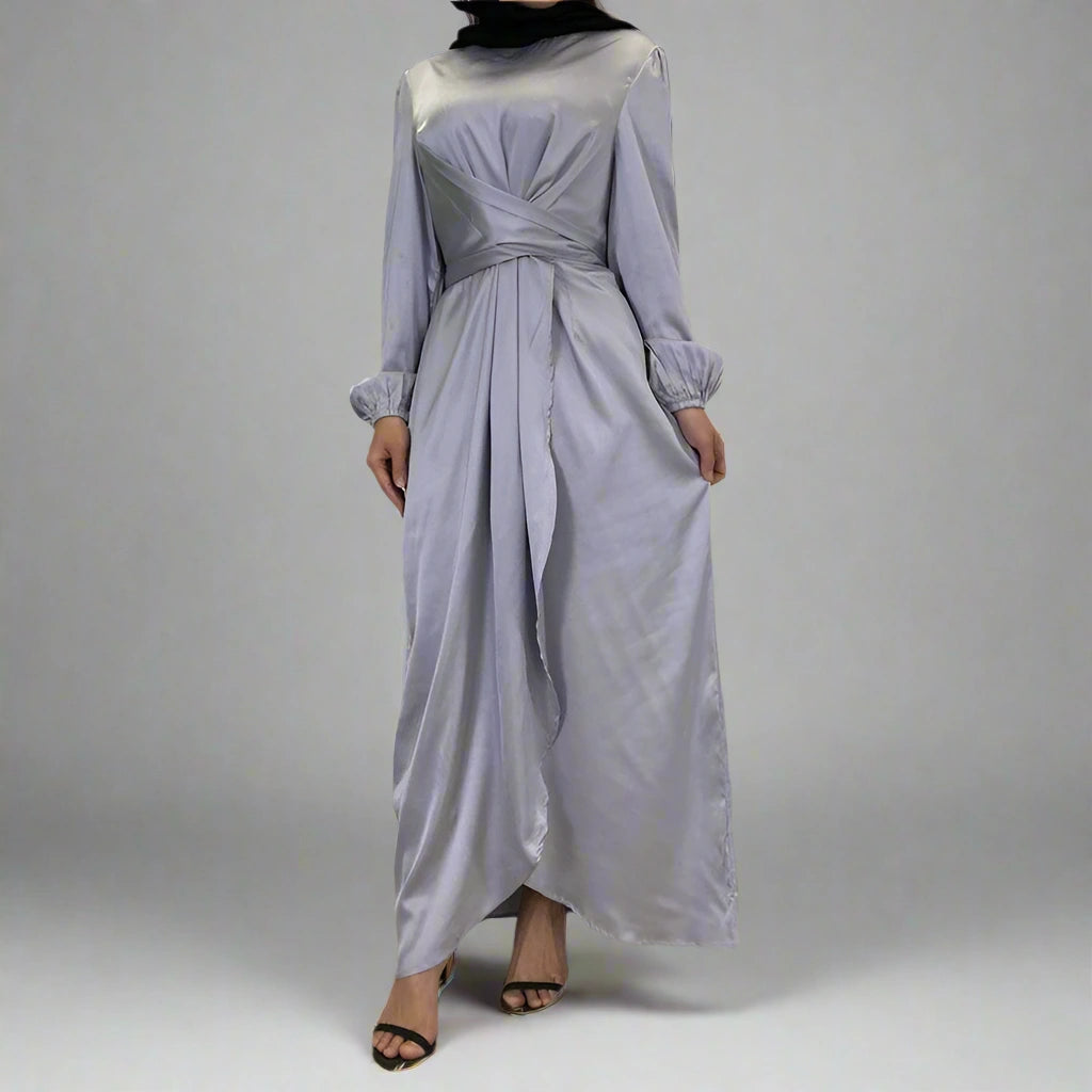 Elegant Muslim Tunic Satin Abaya Dress for Women - Modest Islamic Prayer Dress & Evening Wear - Perfect for Eid, Mosque, and Special Occasions