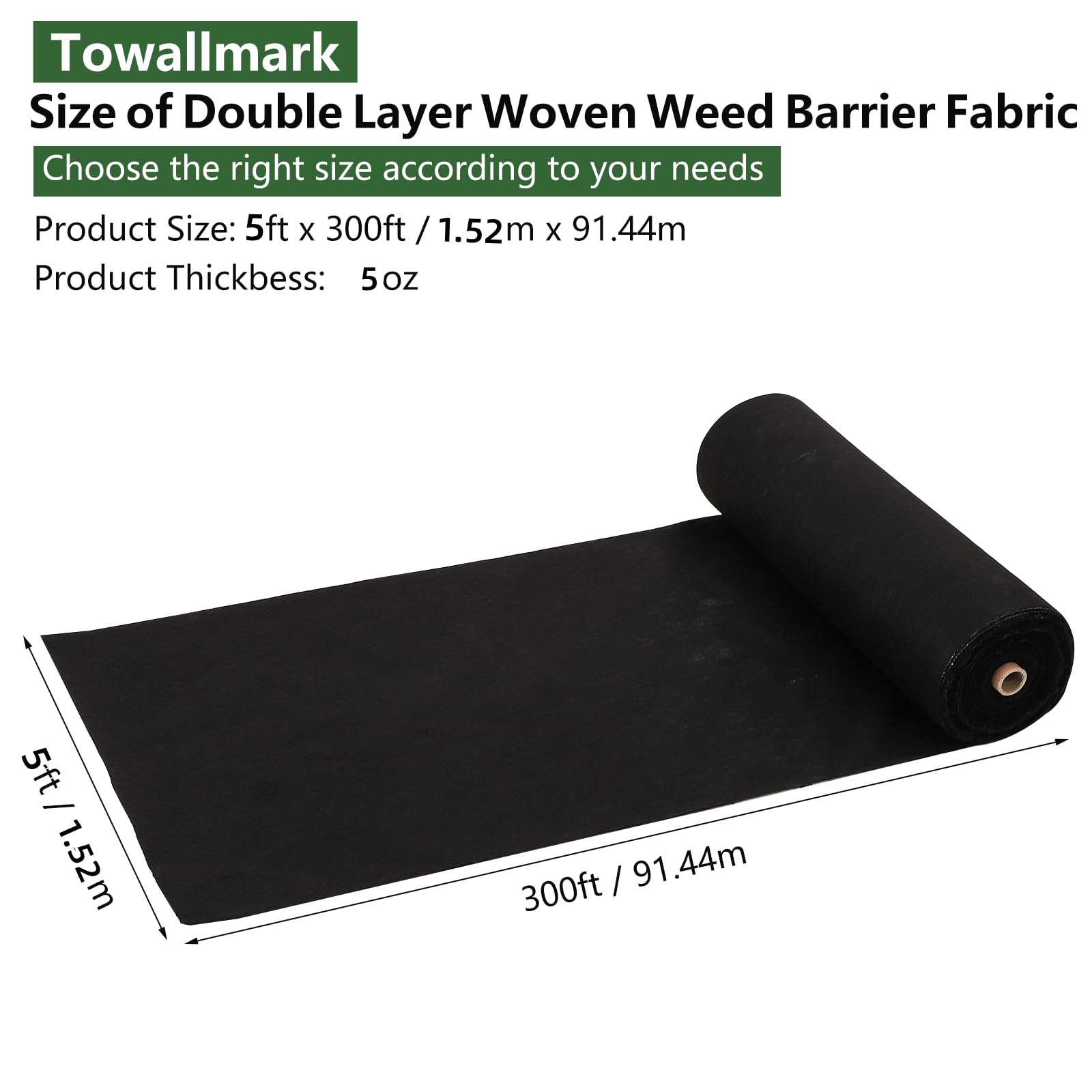 Broadfashion 5oz Woven Landscape Fabric - 5 x 300FT Double Layer Weed Barrier for Gardens | Heavy Duty Weed Control Ground Cover | Durable Gardening Mat for Beds, Landscaping & Outdoor Projects