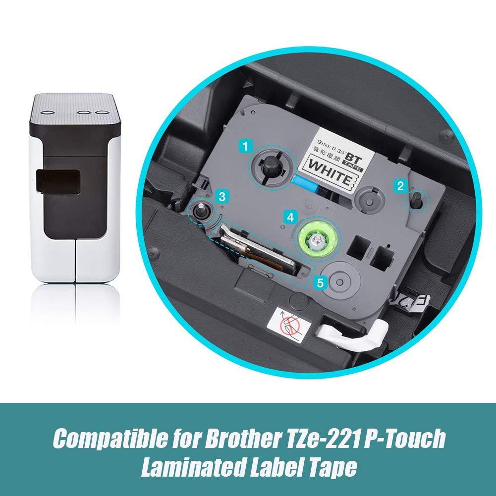 ASHATA 9mm Laminated Labeling Tape - Black on White, Compatible with TZe-221, Intelligent Sensing for PVC Casing, Heat Shrinkable Tubes & Stickers | Perfect for Cable Management, Wire Labeling & Organization