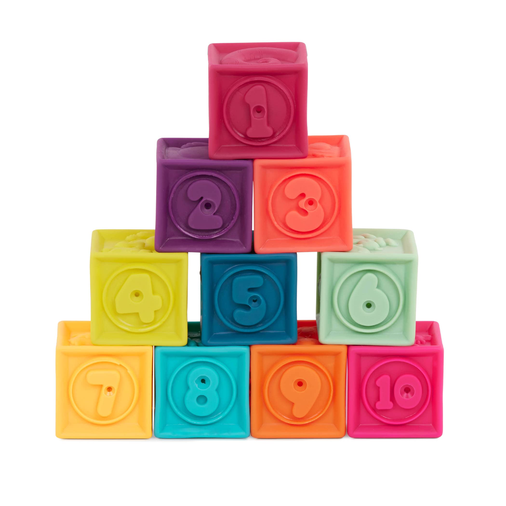 B. Toys One Two Squeeze Baby Building Blocks - Soft Stacking Educational Toys for Toddlers 6+ Months with Numbers, Shapes & Animals - 10 Colorful Textured Blocks for Early Learning & Sensory Play