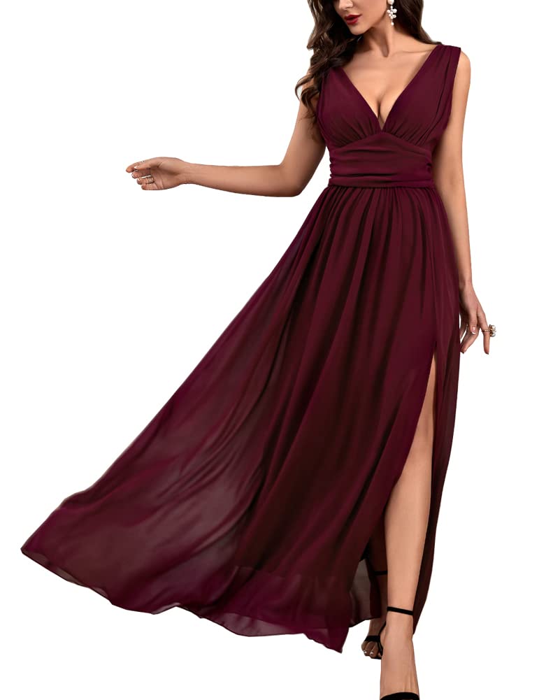 Elegant HECSISEO Summer Flowy Bridesmaid Maxi Dress - V-Neck Formal Prom Long Gown with Slit for Women | Perfect for Weddings, Parties & Special Occasions