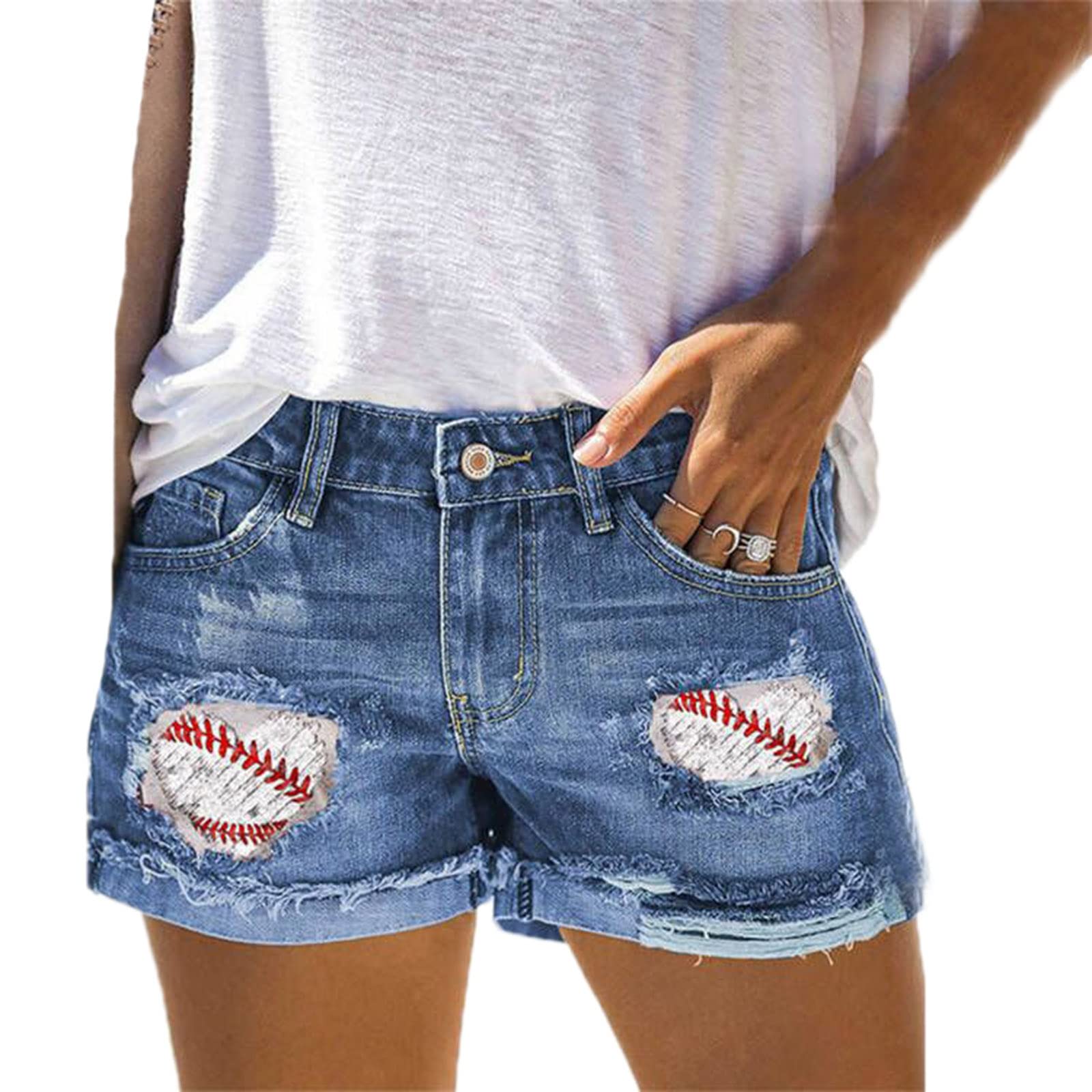 Women's Mid Rise Distressed Denim Shorts - Vintage Baseball Patchwork Ripped Jeans with Rolled Hem | Casual Summer Outfit, Streetwear Fashion