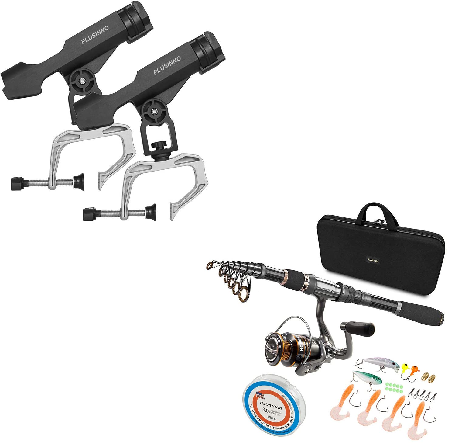 PLUSINNO Telescopic Fishing Rod and Reel Combo Kit with Boat Rod Holder & Large Clamp - Perfect for Saltwater, Freshwater, Kayak and Shore Fishing Adventures