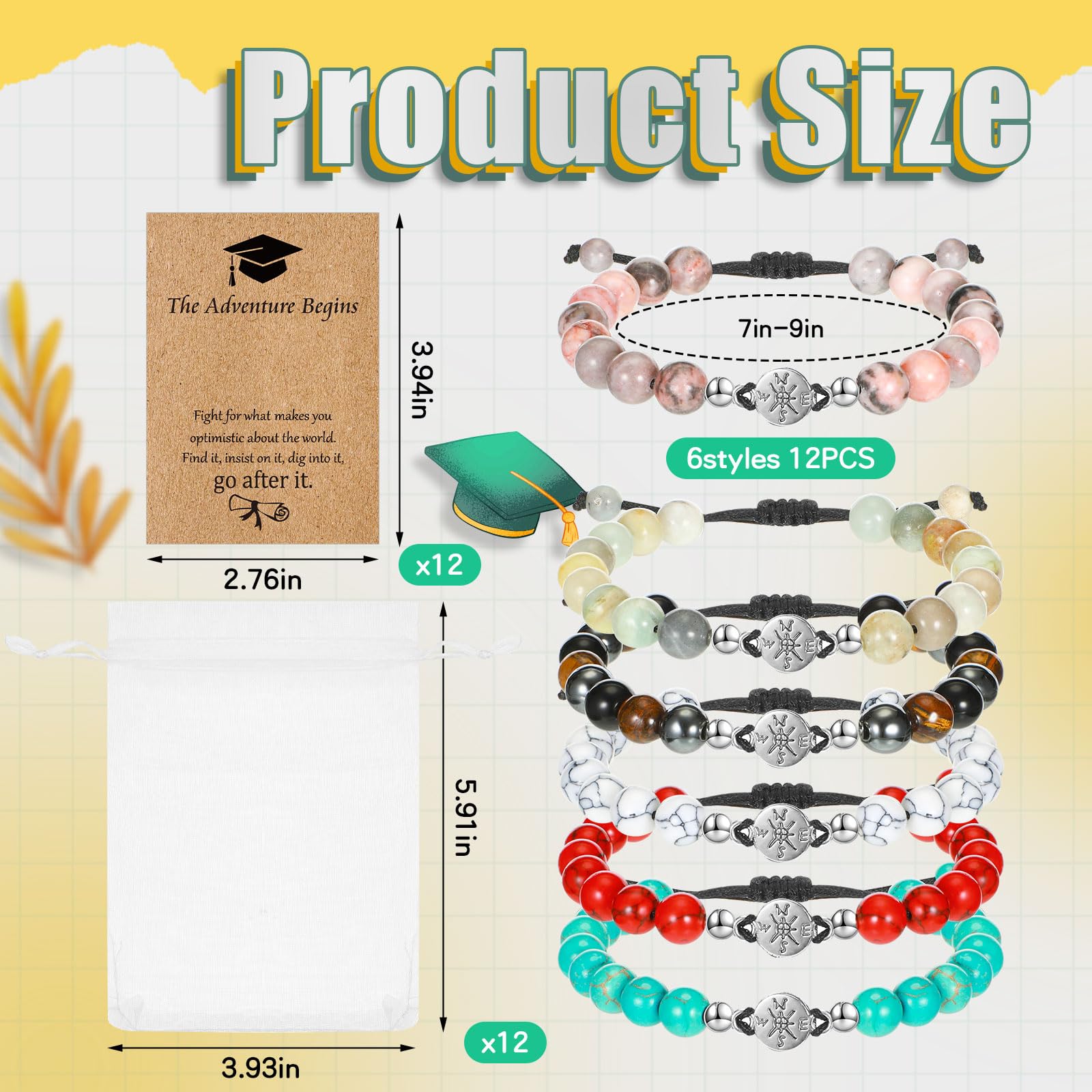 **12-Pack Graduation Compass Bracelets with Organza Gift Bag - Class of 2025 Adjustable Bracelet Set for High School Graduates - Perfect Graduation Gifts for Her & Him - Ideal for Commencement, Parties & Keepsakes**