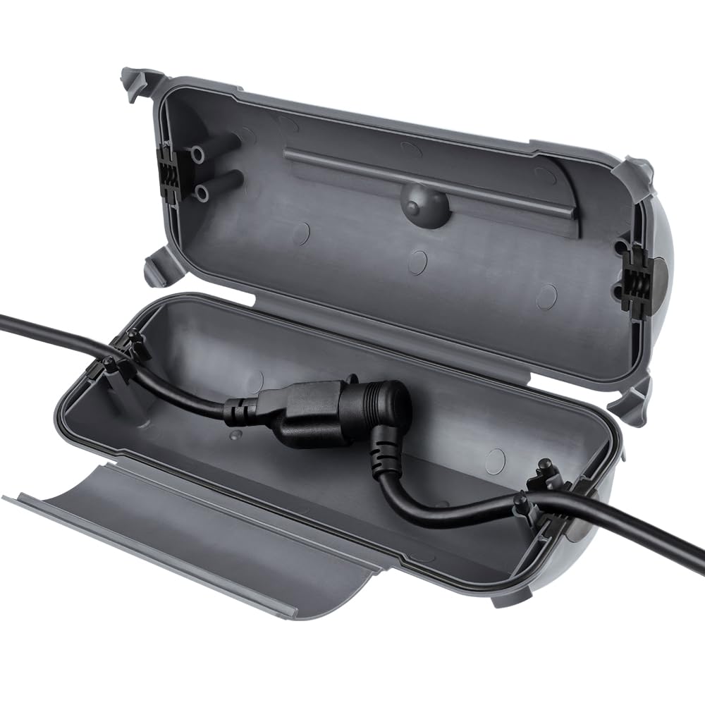 **Waterproof Outdoor Electrical Box - Weatherproof Extension Cord Cover with Large Compartment for Right Angle & Straight Plugs, Outlets, Sockets & Holiday Lights (Gray) - Ideal for Patio, Garden & Christmas Decorations**