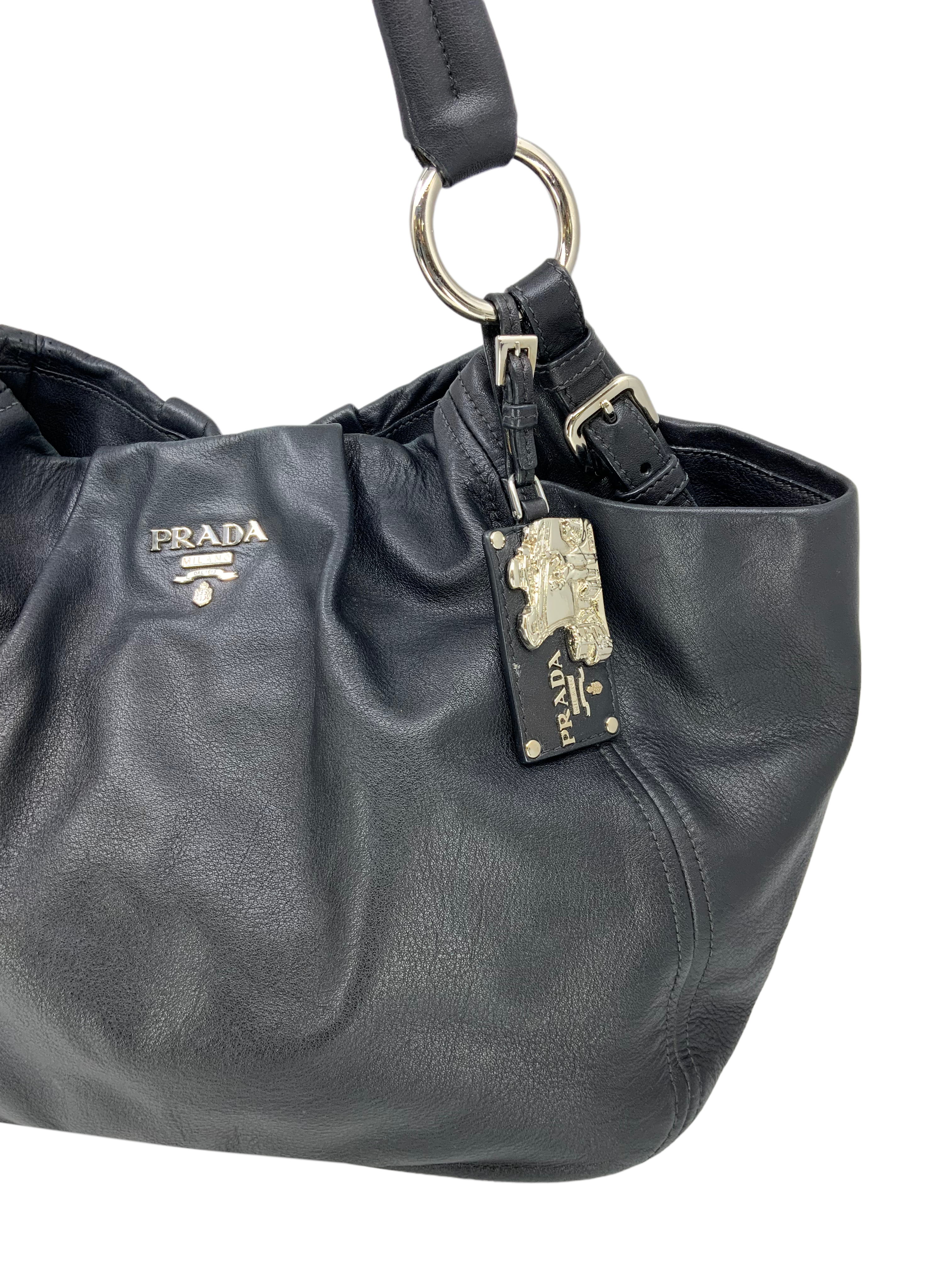 Prada Calfskin Leather Hobo Bag with Side Pocket - Luxury Shoulder Bag for Women, Perfect for Work, Travel & Everyday Use