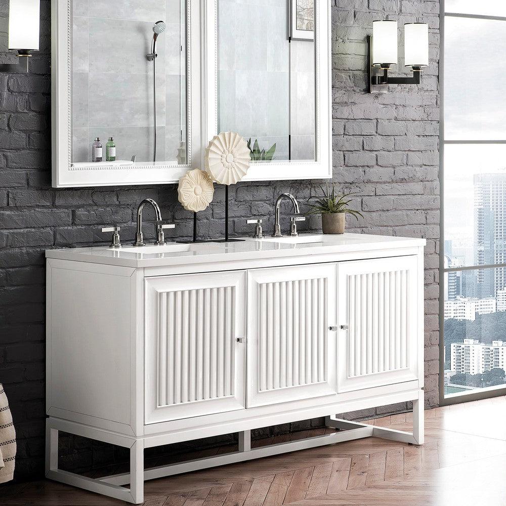 James Martin Vanities Athens Collection 60-Inch Double Bathroom Vanity in Glossy White with Solid Surface Countertop - Modern Bathroom Furniture for Master Bath & Guest Bath Remodeling