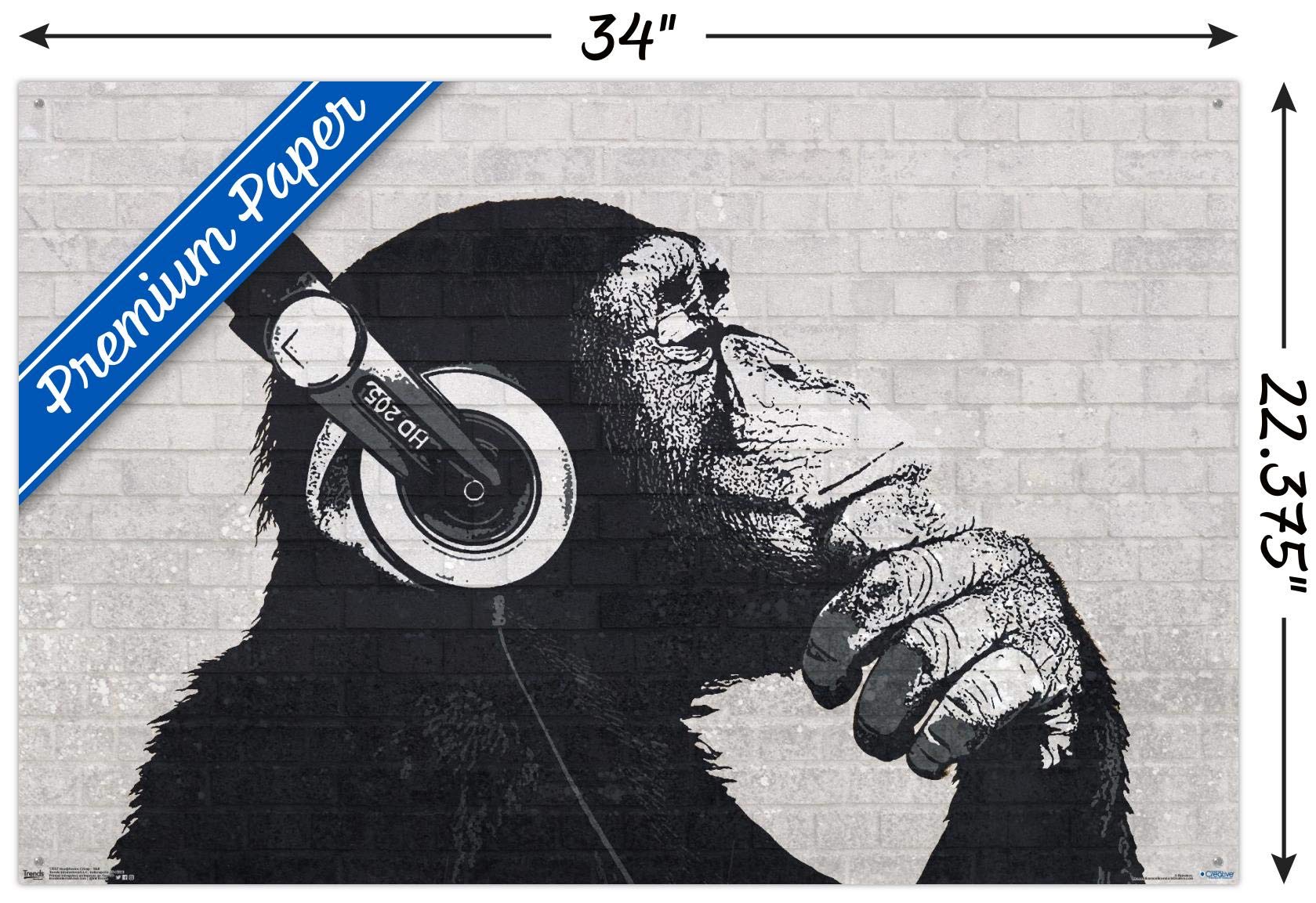 Funny Chimp Wearing Headphones Wall Art Poster - Push Pin Hanging Decor for Bedroom, Office & Dorm Room