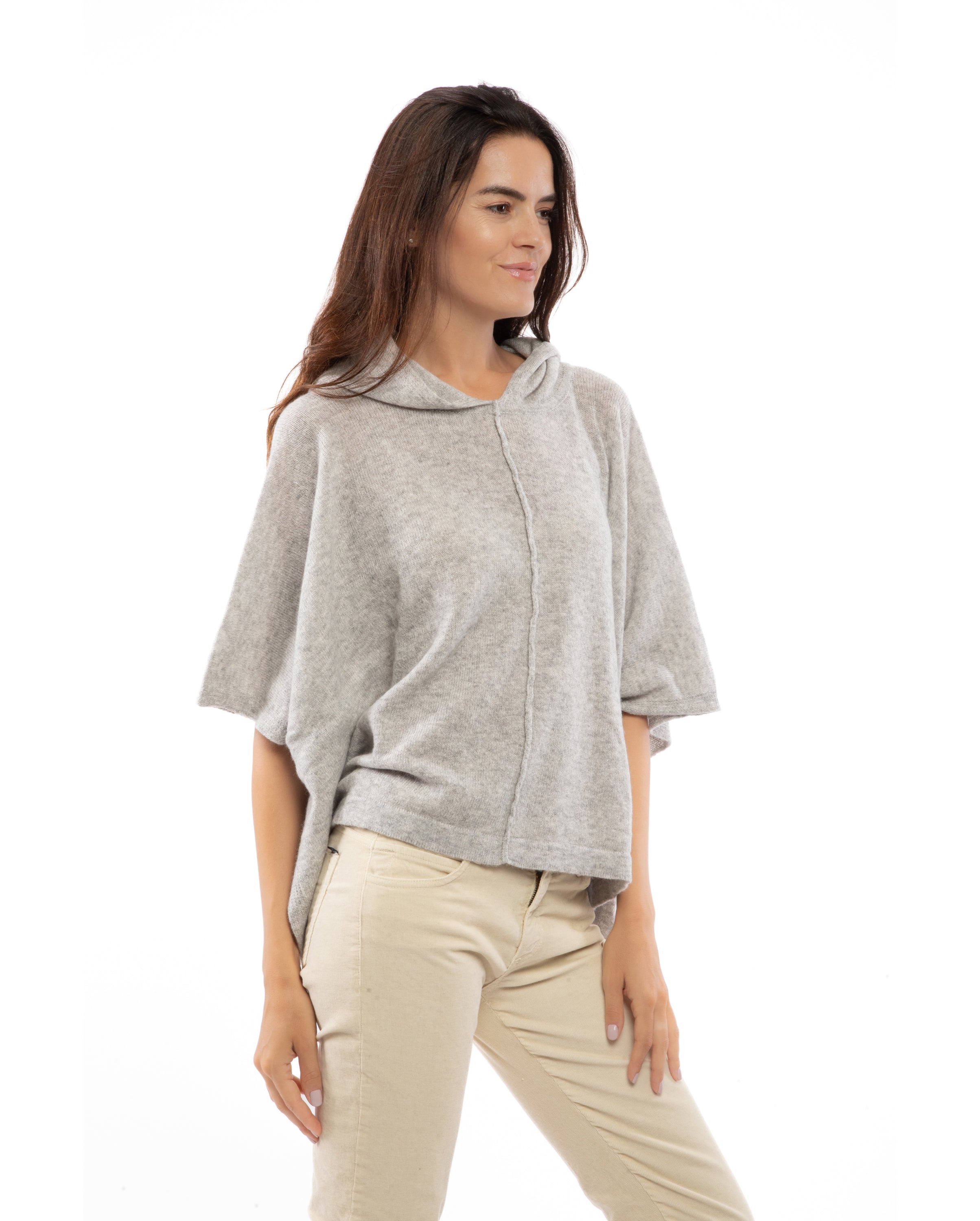 Women's Light Gray Cashmere Button Hoodie Poncho - Soft & Warm Winter Wear for Cozy Outfits & Layering