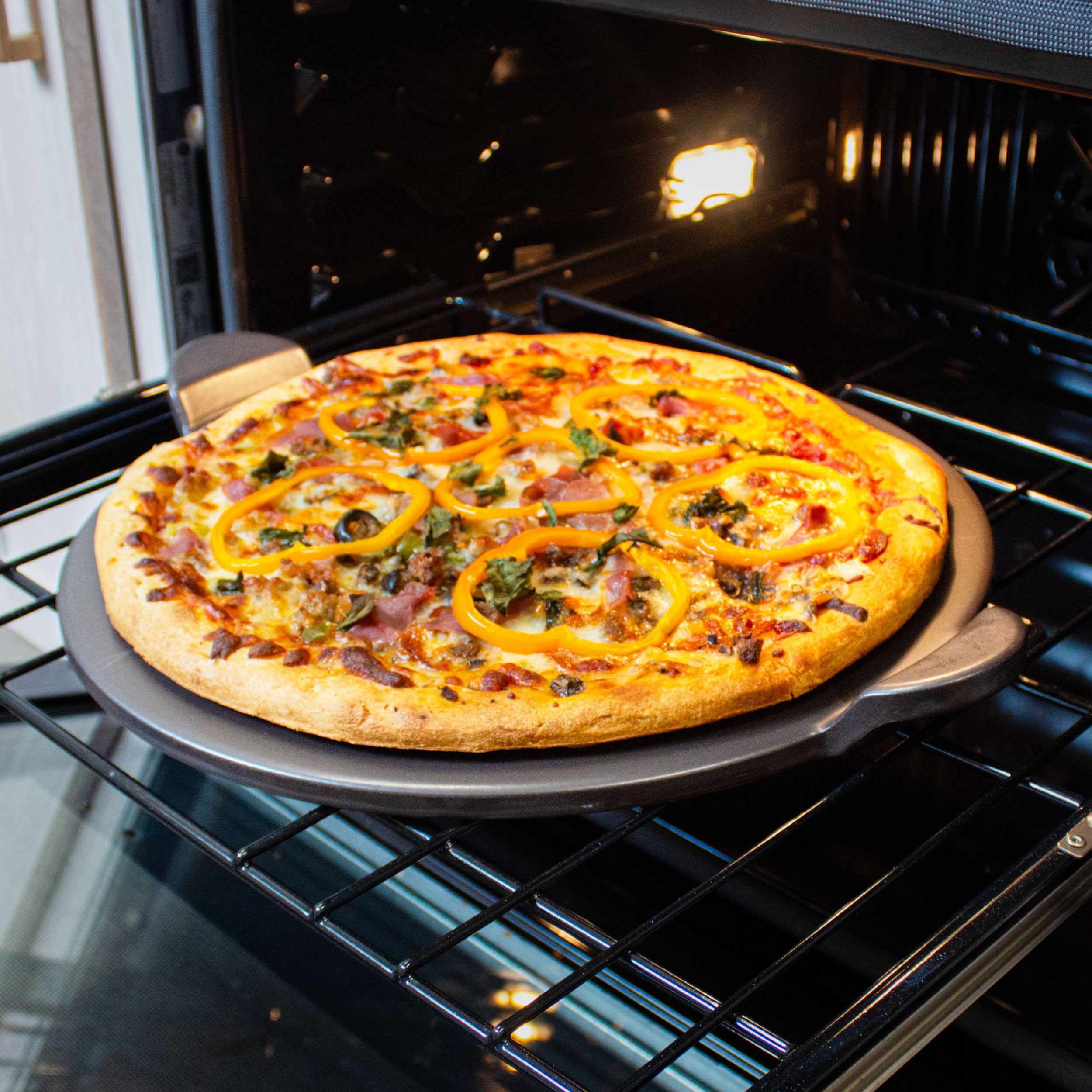 15 Inch Grey Glazed Round Pizza Stone with Handles – Perfect for Baking Crispy Crusts in Ovens & Outdoor Grills