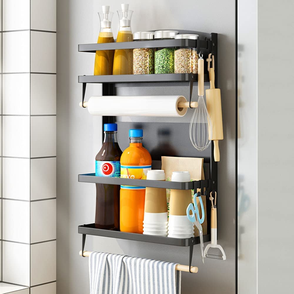 2-Tier Magnetic Spice Rack & Paper Towel Holder - Black Refrigerator Organizer for Kitchen Storage | Space-Saving Spice Shelf for Pantry, Cabinets & Small Kitchens