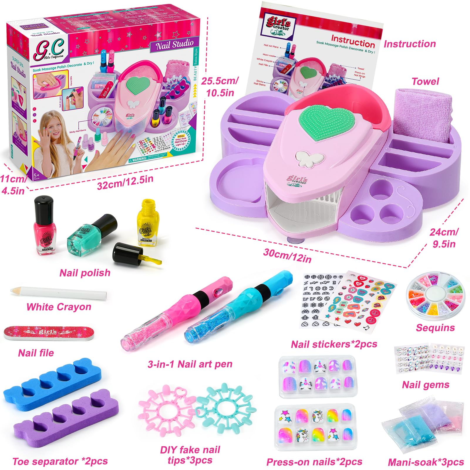 G.C Kids Nail Polish Set - 12 Non-Toxic Colors Nail Art Kit with Storage Desk, Nail Dryer & Hand Massage Spa Tools - Perfect Manicure Salon Toy Gift for Girls Ages 6-12 - Birthday, Christmas Present for Little Princess Spa Day at Home