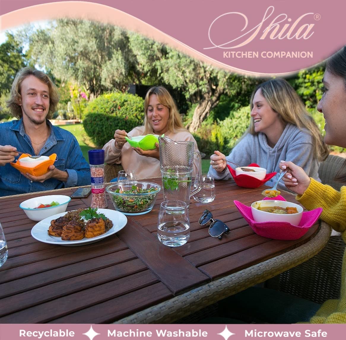 SHILA Microwave-Safe Bowl Cozy Set - Heat Resistant Hot Bowl Holders for Soup, Rice & Pasta - Polyester & Sponge Insulated Hand Protectors to Keep Food Warm & Hands Cool - Perfect for Microwave Meals, Dining & Kitchen Use