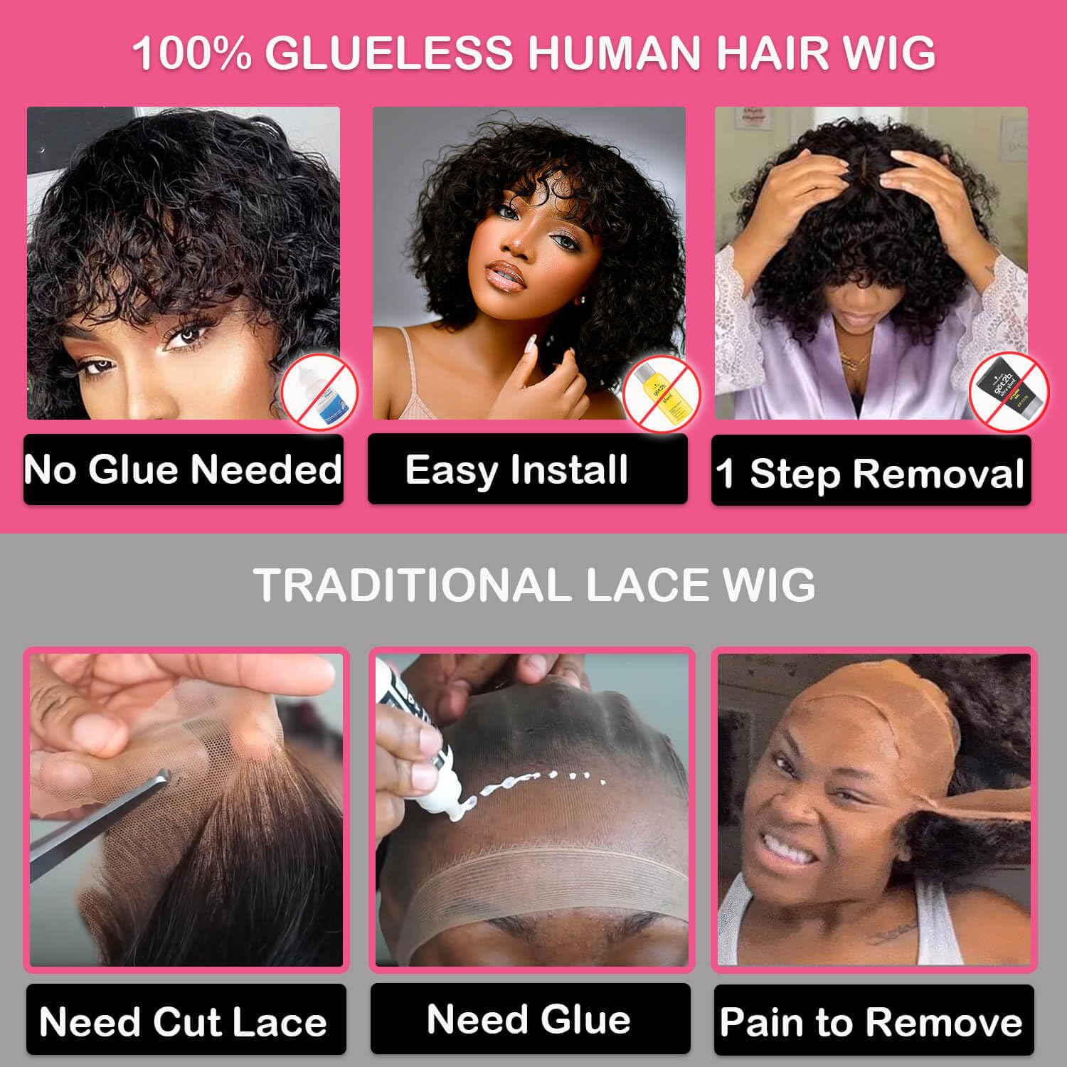 100% Brazilian Virgin Human Hair Wig - Glueless Short Water Wave Bob with Bangs for Black Women | 180% Density No Lace Wavy Bang | 12 Inch Natural Black | Perfect for Daily Wear, Cosplay & Protective Styling